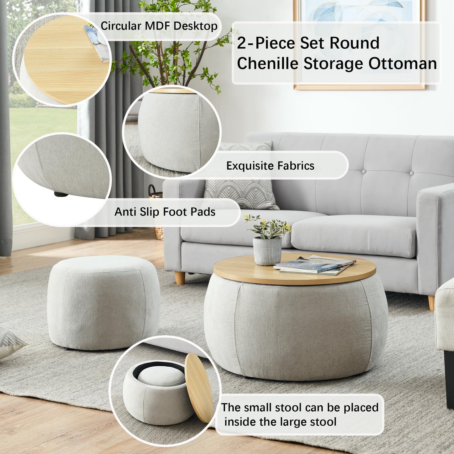 2-Piece Set Round Chenille Storage Ottoman, Equipped with a Drum Shaped Small Stool, Storage Space
