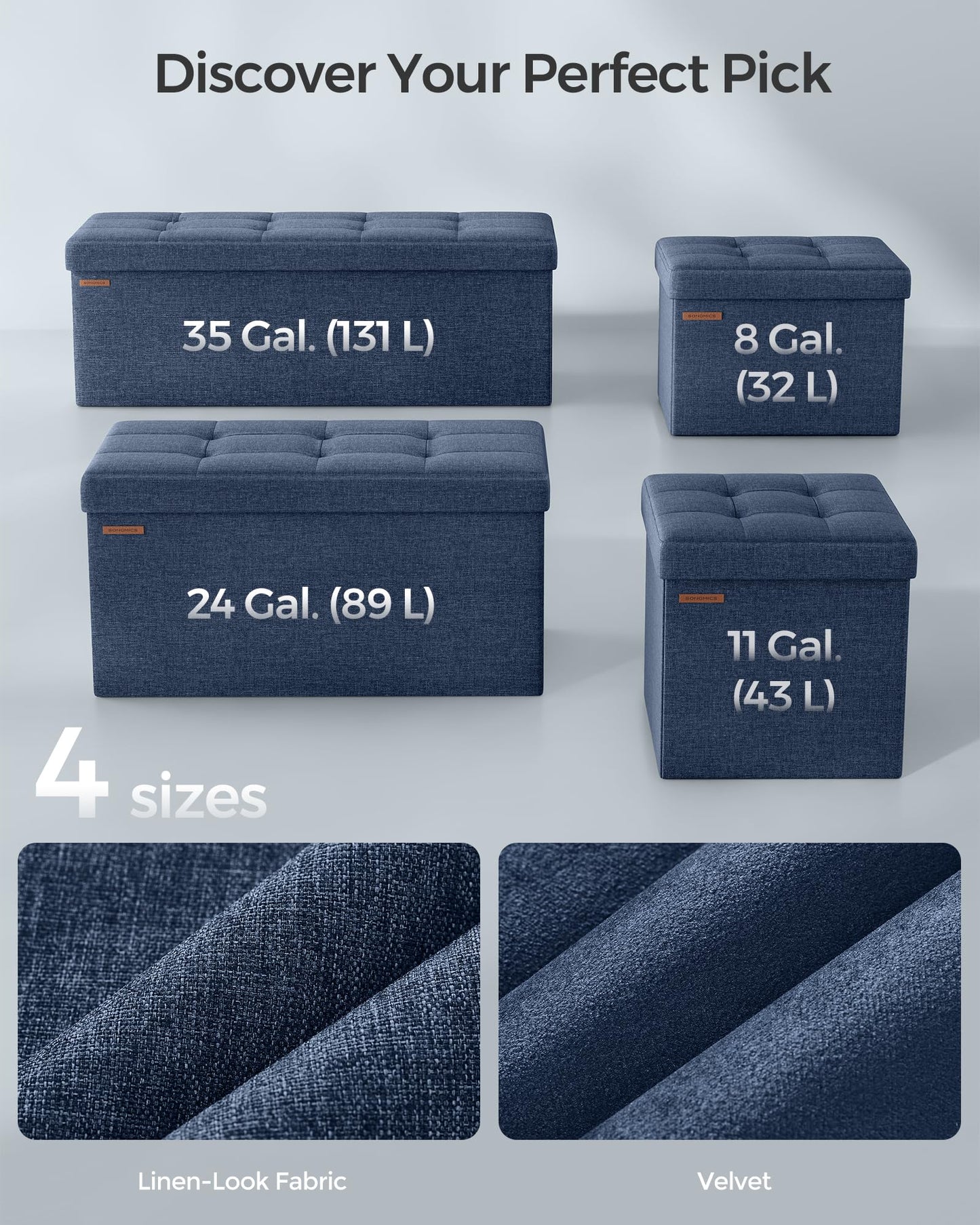 SONGMICS MAZIE Collection - 43 Inches Folding Storage Ottoman Bench, Ottoman Foot Rest, End of Bed Bench, Storage Chest, Load 660 lb, for Living Room, Bedroom, Entryway, Midnight Blue ULSF77IN