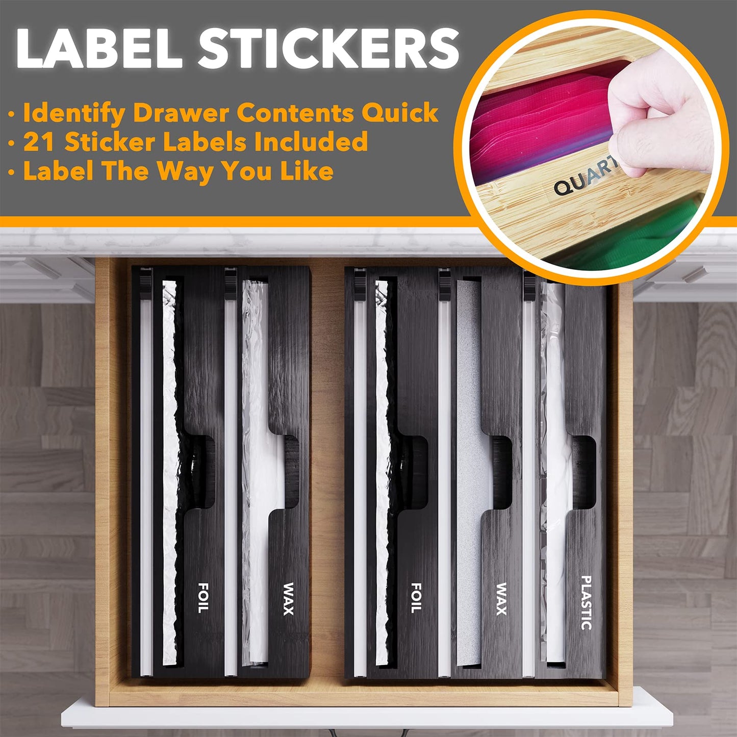 SpaceAid WrapNeat 3 in 1 Wrap Organizer with Cutter and Labels, Plastic Wrap, Aluminum Foil and Wax Bamboo Dispenser for Kitchen Storage Organization Holder for 12" Roll (Natural)