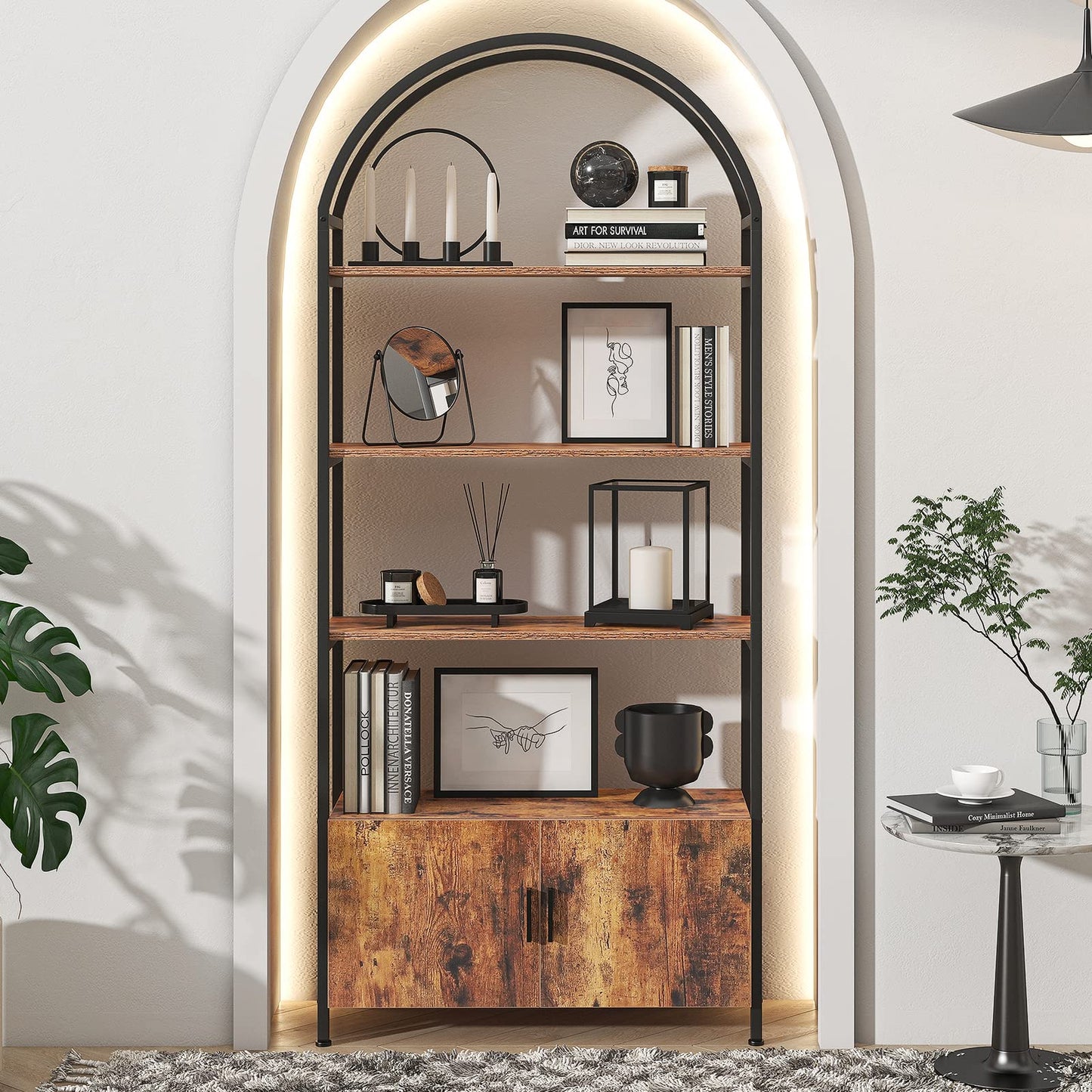 Arched Bookshelf, Bookcase with Doors Storage, 71 Inches Tall Industrial Book Shelf with Sturdy Metal Frame, E1 Quality Boards, Freestanding Display Shelving Unit, Black