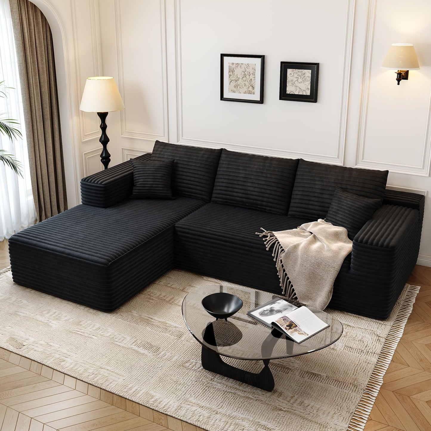 107.5" Cloud Modular Sectional Sofa with 1 Ottoman,Modern Minimalist Upholstered Couches, Comfort U Shaped Sofa for Living Room,Deep Seat Corner Couch,No Assembly Required (Black,Left Facing Chaise)