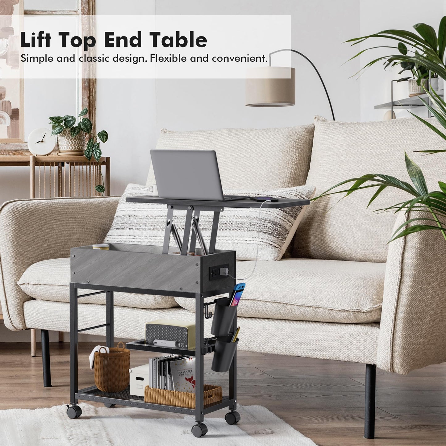 Colima Lift Top End Table with Charging Station and Wheels, Sofa Side Table with USB port