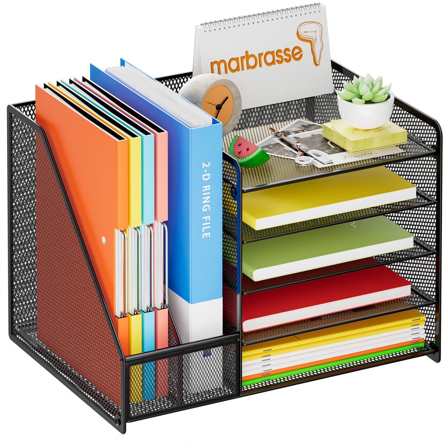 Marbrasse Desk Organizer with File Holder, 5-Tier Paper Letter Tray Organizer with Drawer and 2 Pen Holder, Mesh Desktop Organizer and Storage with Magazine Holder for Office Supplies(Black)