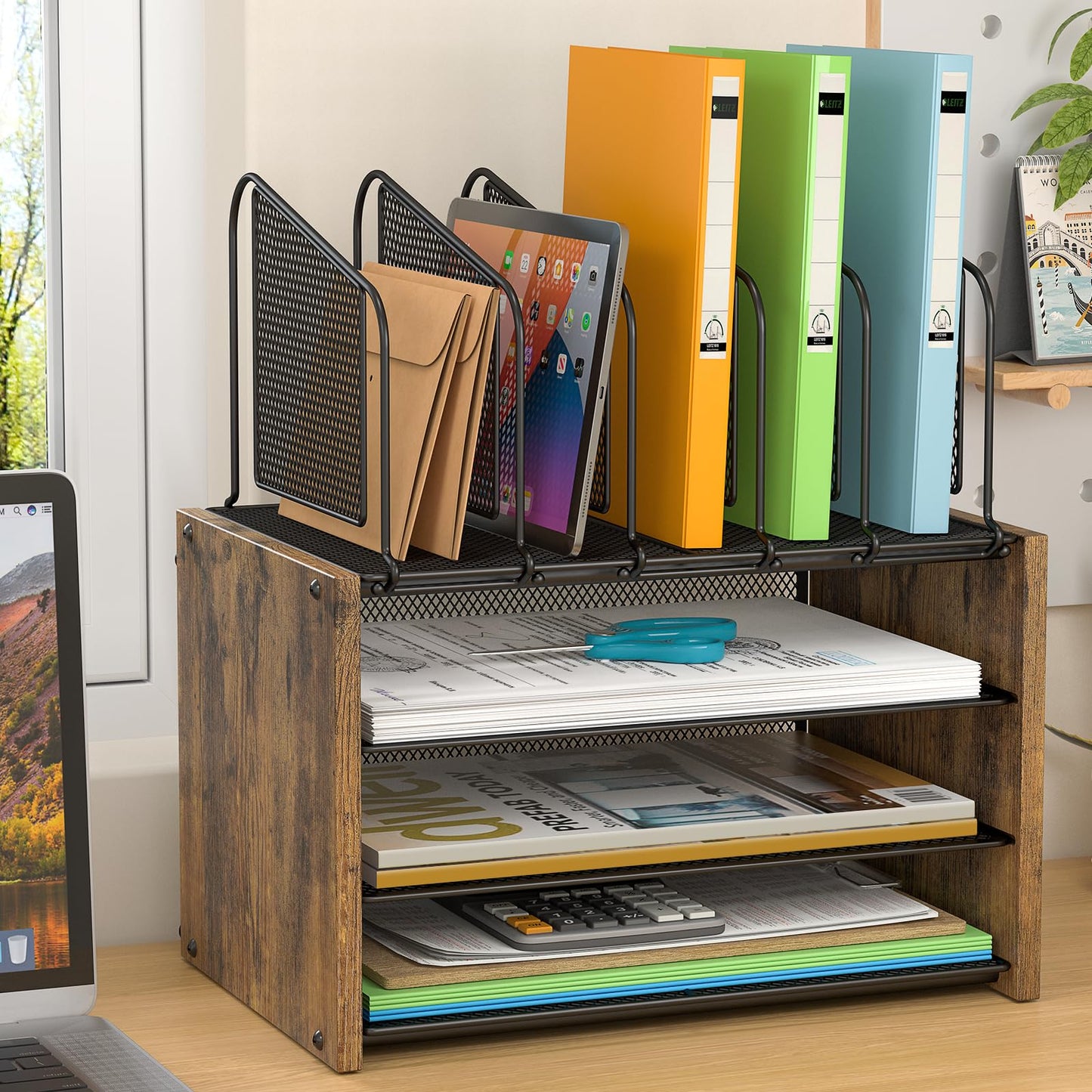 4-Tier Mesh Desk Organizer, Wooden Desk File Organizer with 5 Vertical File Holders and 2 Pen Holders, Desktop Organizers and Accessories with Drawer for Home Office