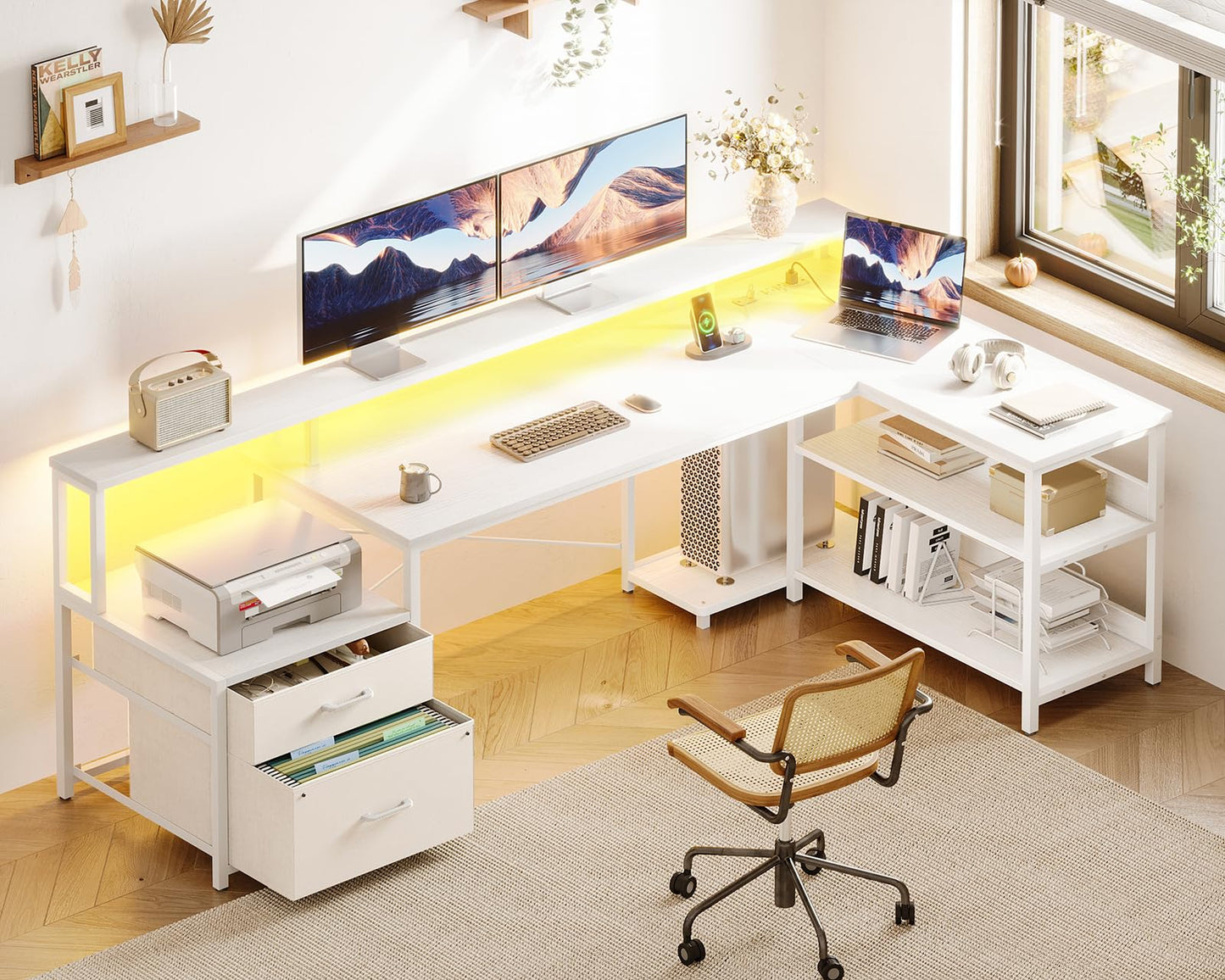 ODK L Shaped Desk with File Drawer, 75" Reversible L Shaped Computer Desk with Power Outlet & LED Strip, Office Desk with Storage Shelves, Gaming Desks with Monitor Shelf, Corner Table, Grey Oak