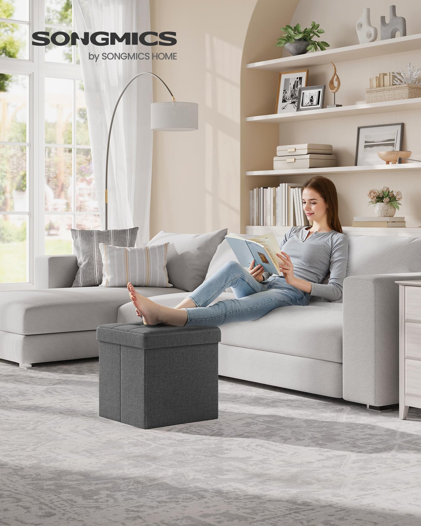 SONGMICS MAZIE Collection - 43 Inches Folding Storage Ottoman Bench, Ottoman Foot Rest, End of Bed Bench, Storage Chest, Load 660 lb, for Living Room, Bedroom, Entryway, Midnight Blue ULSF77IN