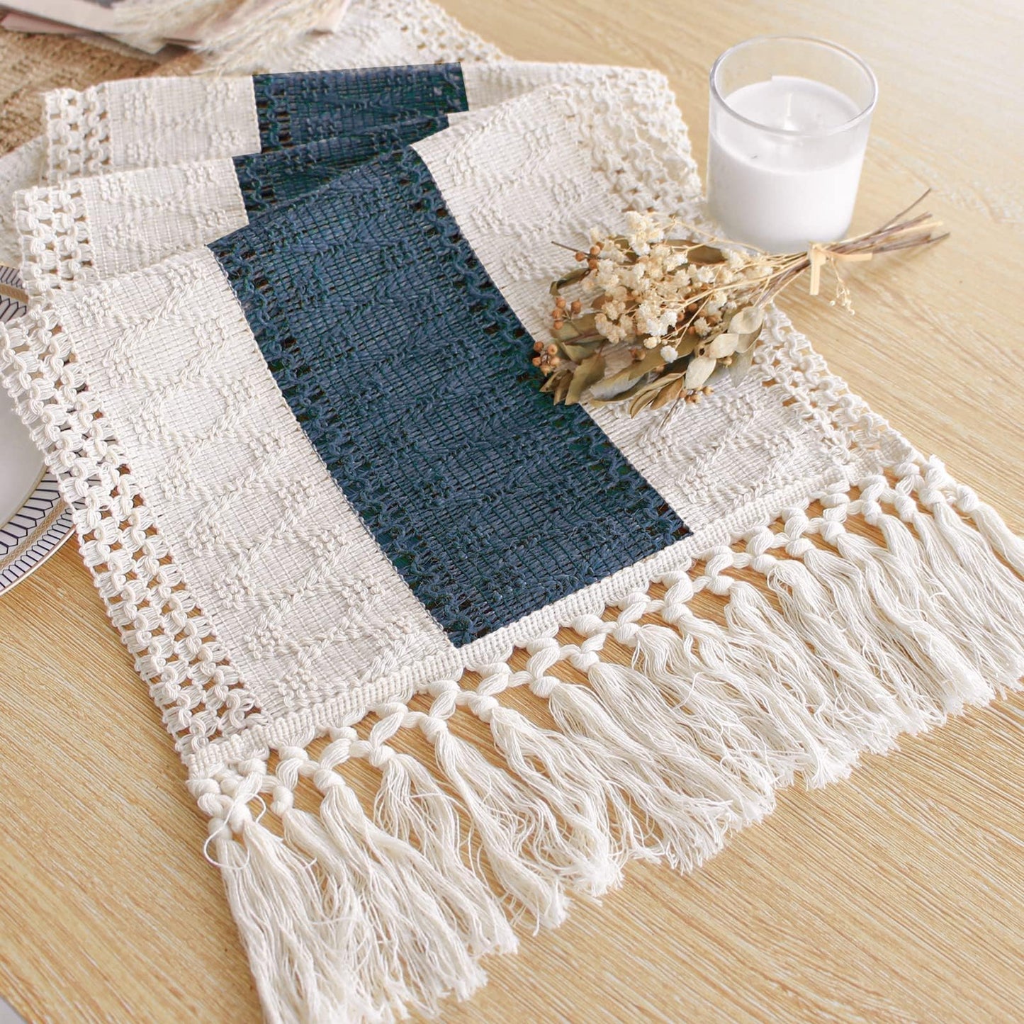 FEXIA Boho Table Runner for Fall Home Decor with Tassels 72 Inches Long Farmhouse Rustic Table Runner (12x72 Inches)