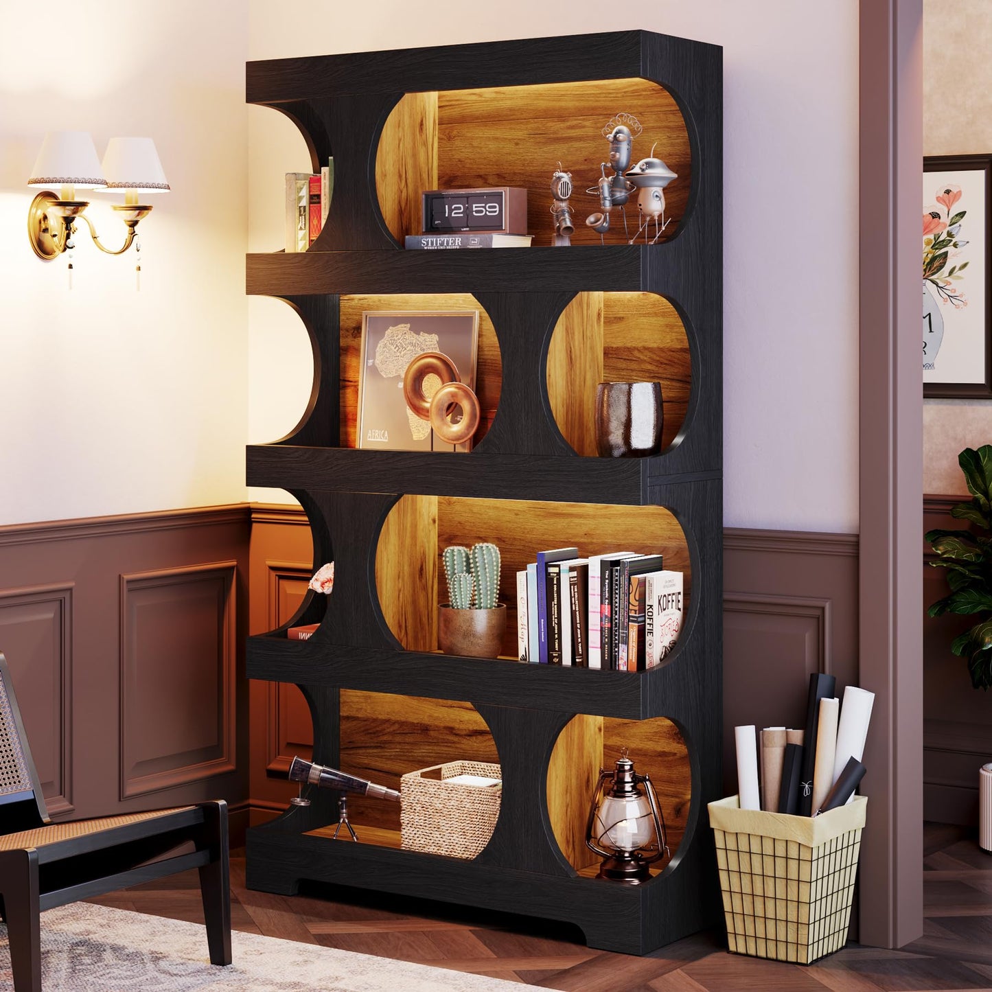 71"Tall Bookcase, 4-Tier S-Shaped Bookshelf, Wood Decorative Storage Shelving, Modern Freestanding Display Shelves