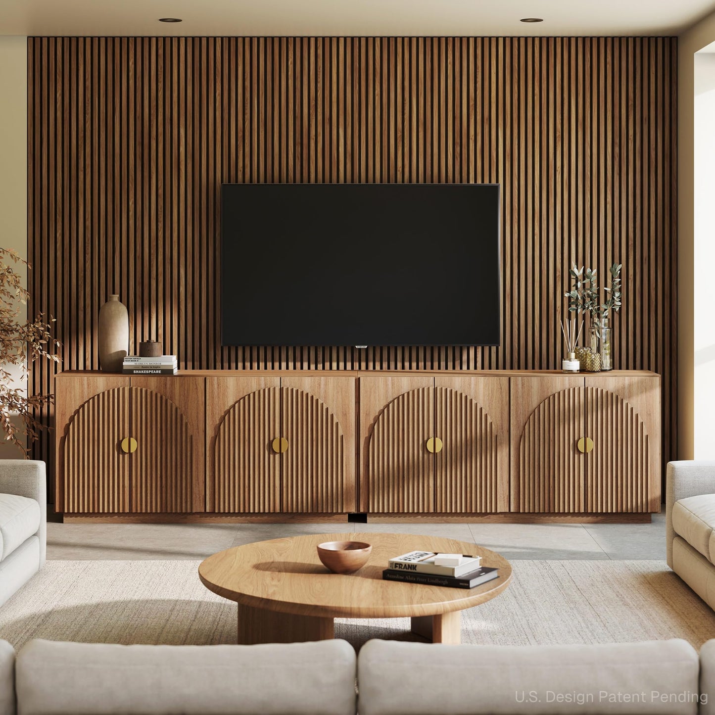 BELLEZE 3-Piece Arched TV Stand Entertainment Center with Storage, Mid Century Modern 2-Piece 72″ Tall Storage Cabinets and 65″ Fluted TV Console for Living Room (Camel)