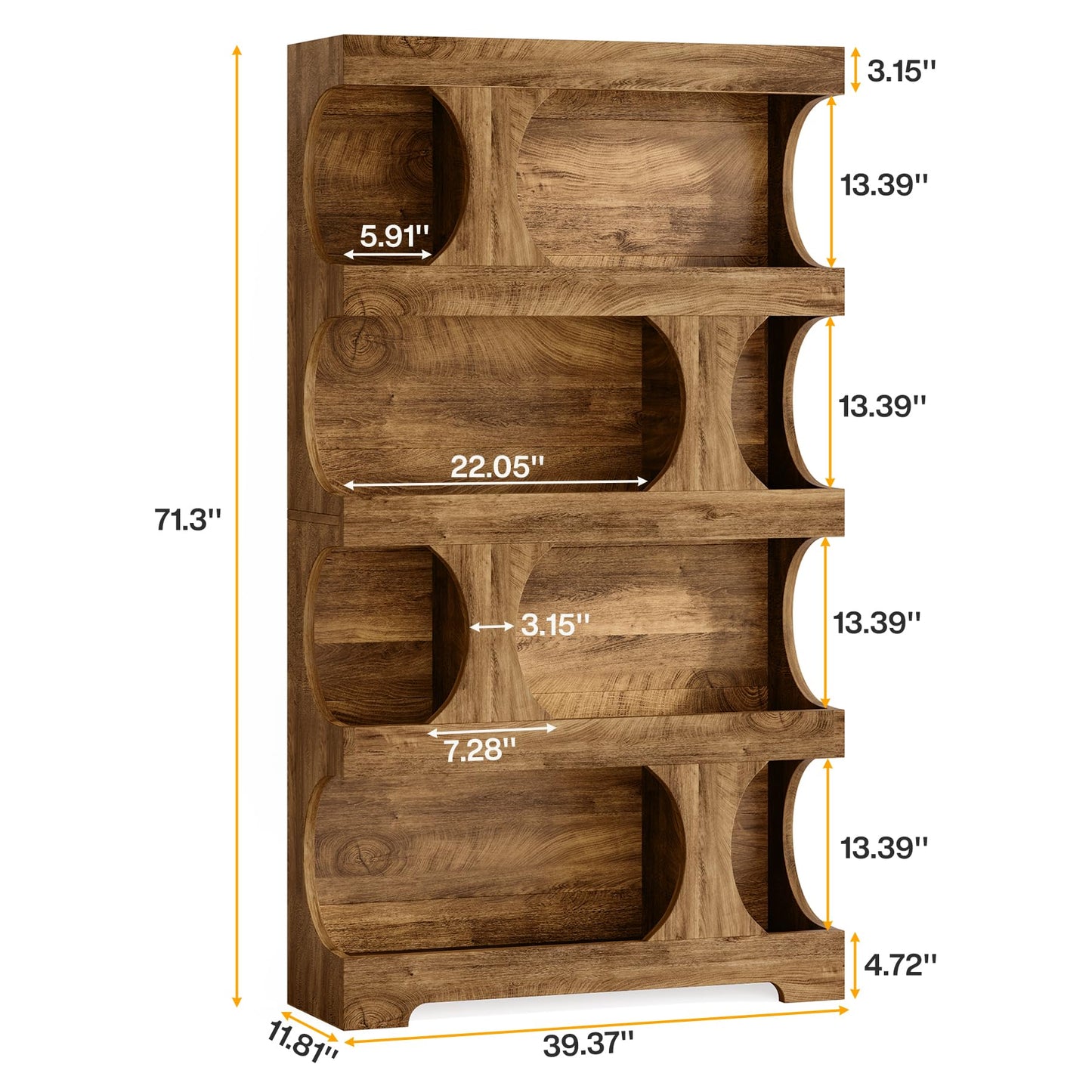 71"Tall Bookcase, 4-Tier S-Shaped Bookshelf, Wood Decorative Storage Shelving, Modern Freestanding Display Shelves