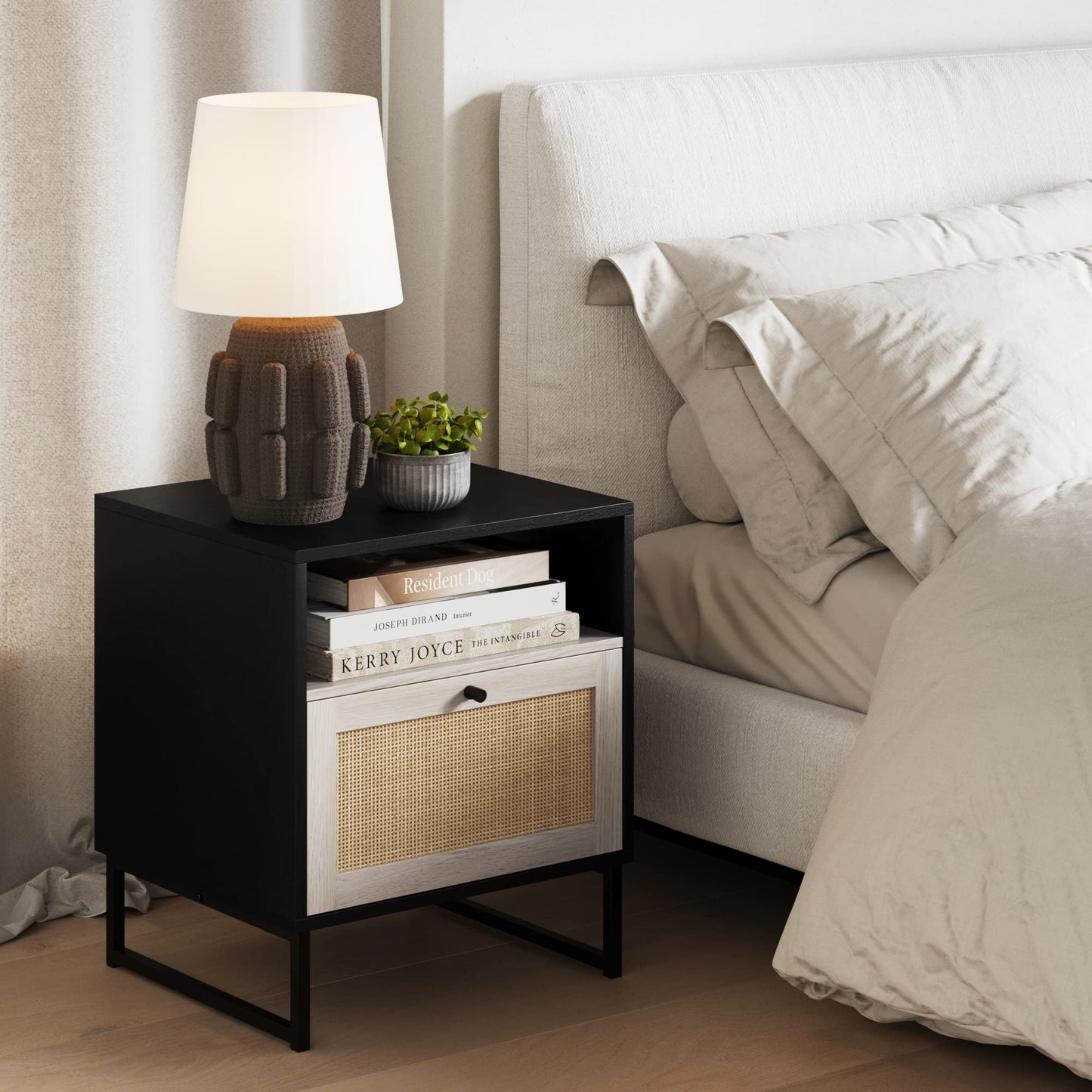 Nathan James Mina Rattan Wood End Side Accent Table Nightstand with Storage for Living Room or Bedroom, 1, Oak/Black
