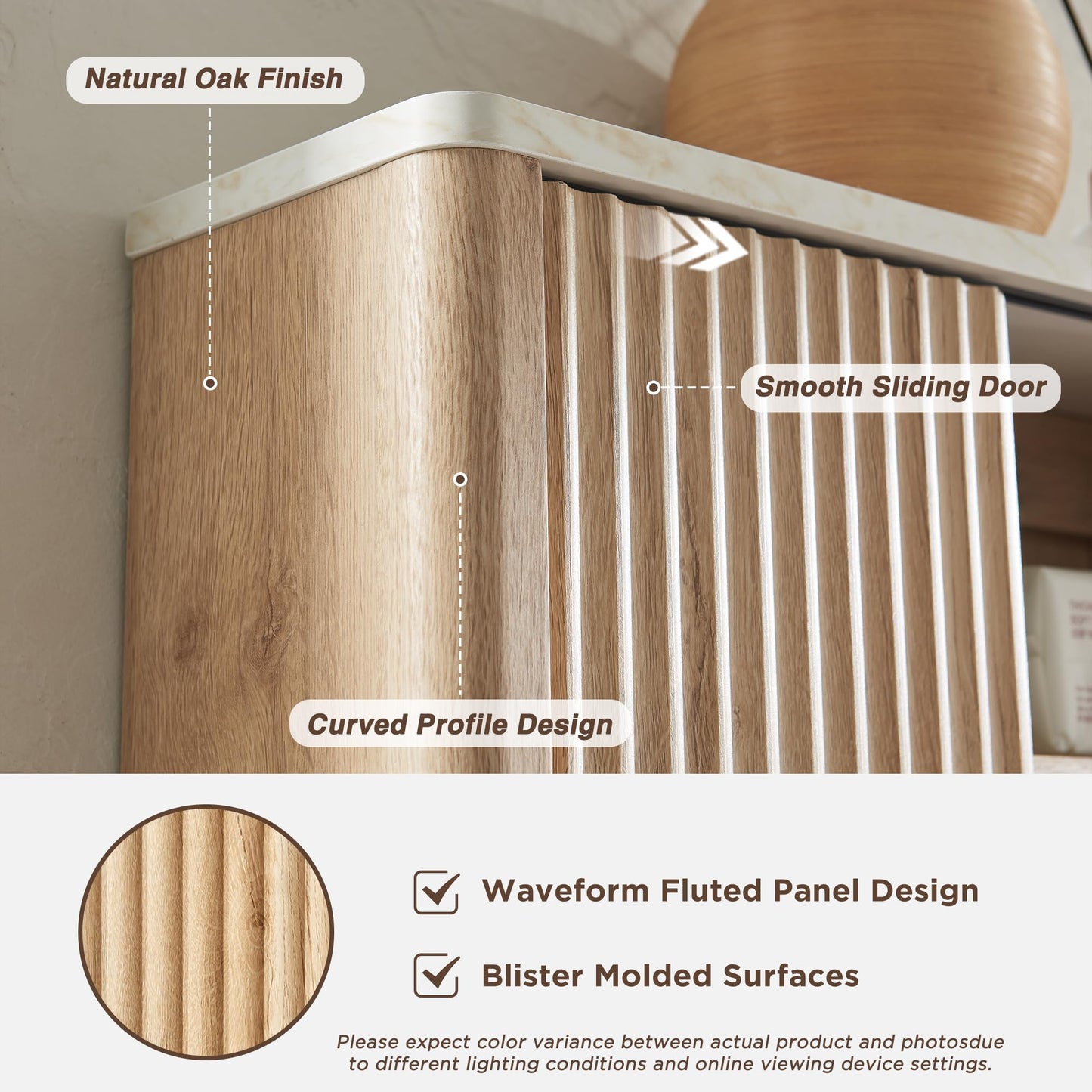 RedLemon Bathroom Wall Cabinet w/Fluted Sliding Door, Modern Medicine Cabinet w/Faux Marble Top & Adjustable Shelf, Curved Profile Wall Mounted Storage Organizer, Natural Oak Color