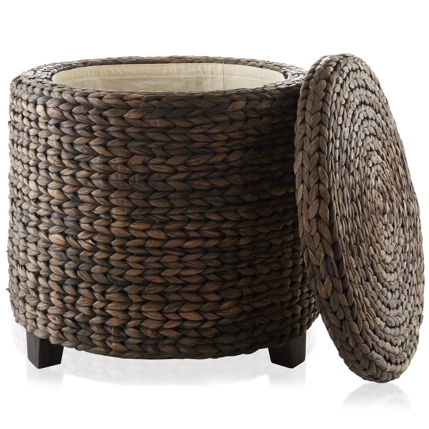 Round Storage Ottoman with Lid - Whitewash, Handwoven Water Hyacinth Footstool for Living Room, Bedroom