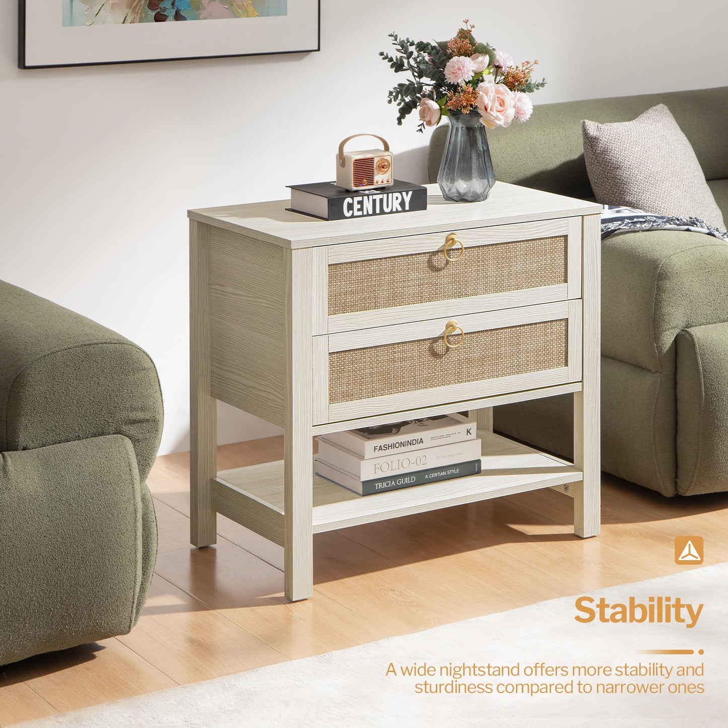 SICOTAS Night Stand Set of 2, Large Nightstand with Drawers and Storage Shelf - Rattan Boho Bedside Table Narrow Side Table for Bedroom, Small Space