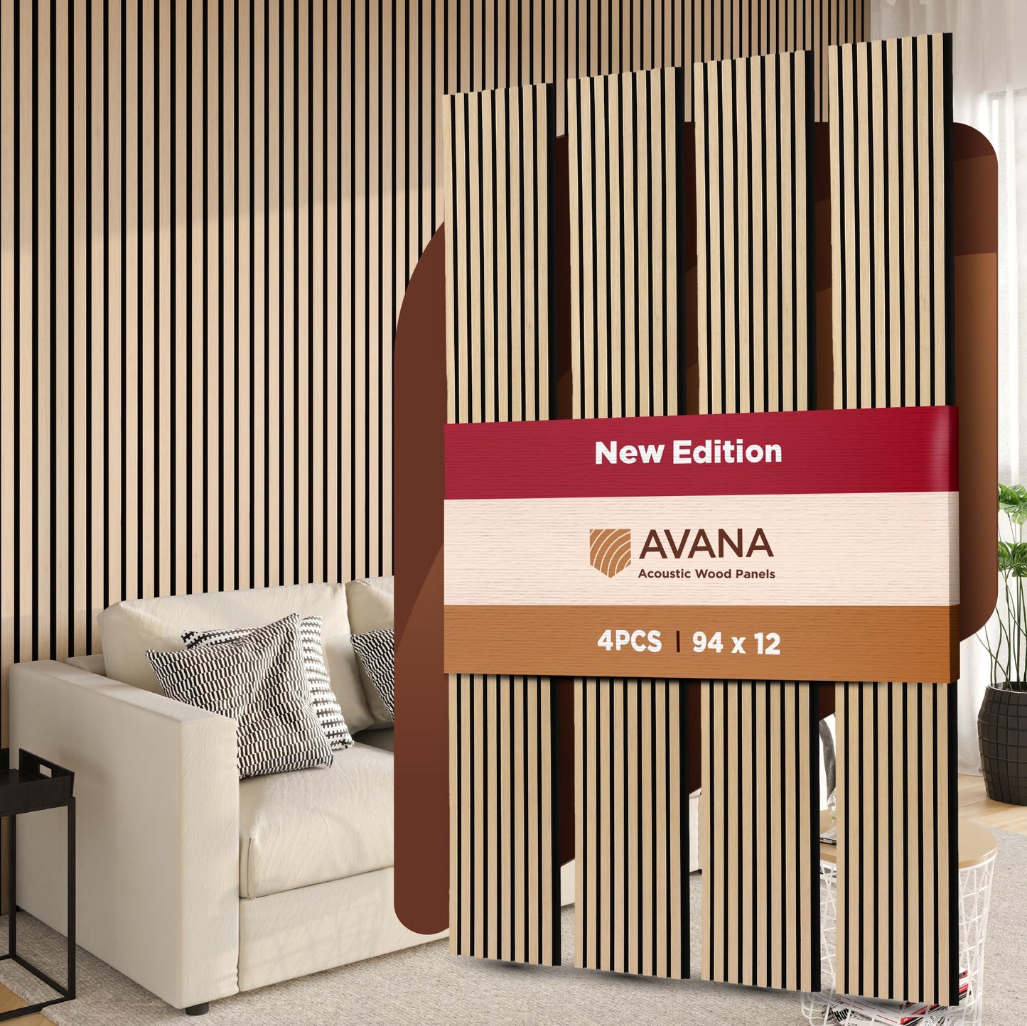 Avana Acoustic Wood Wall Panels – 94.4 x 12.6 Inch Dark Walnut Acoustic Panels 4 PCs – Wall Panels For Interior Wall Decor for Homes, Offices