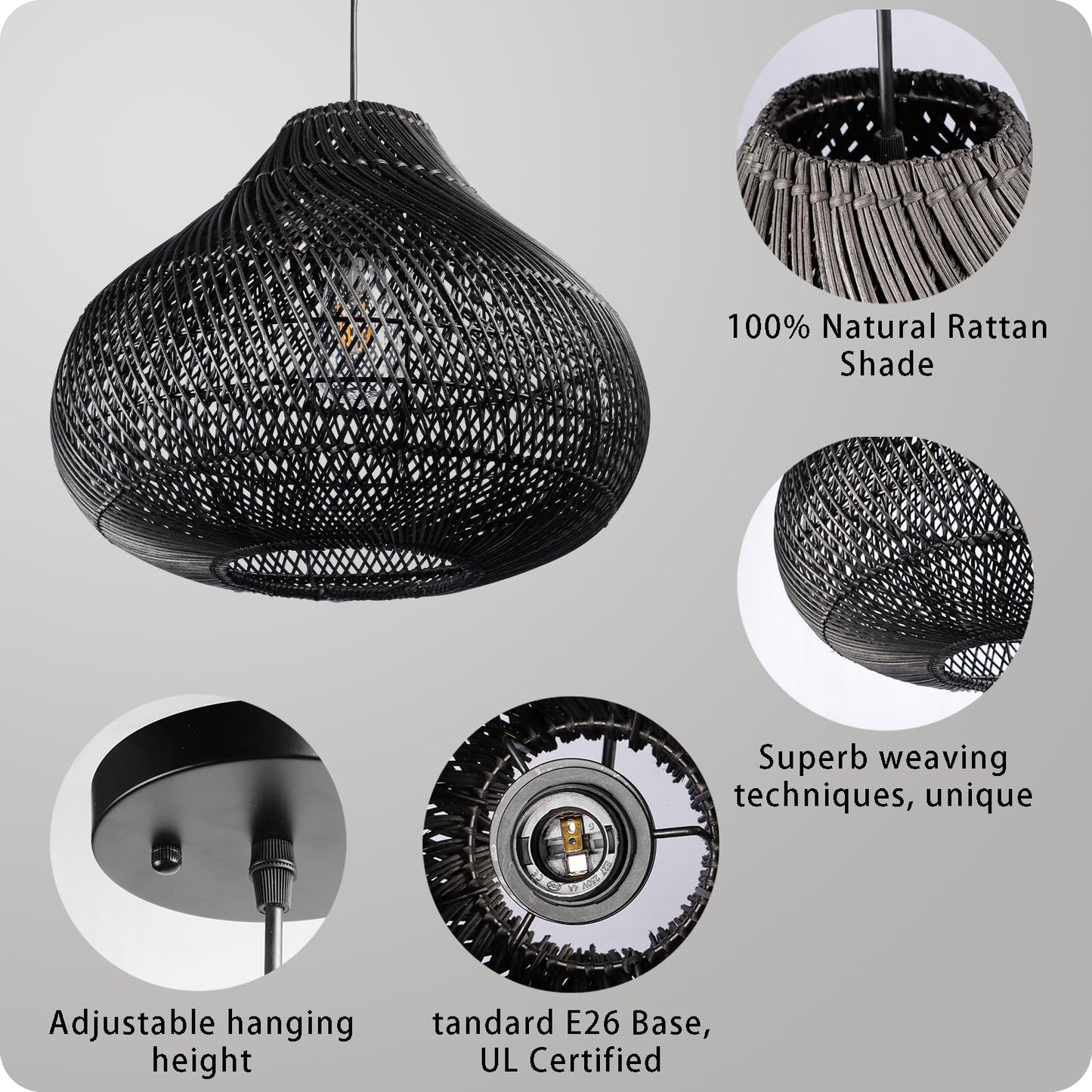 Rattan Pendant Lights, Large Wicker Chandelier Hand-Woven Boho Pendant Light Rattan Basket Hanging Light