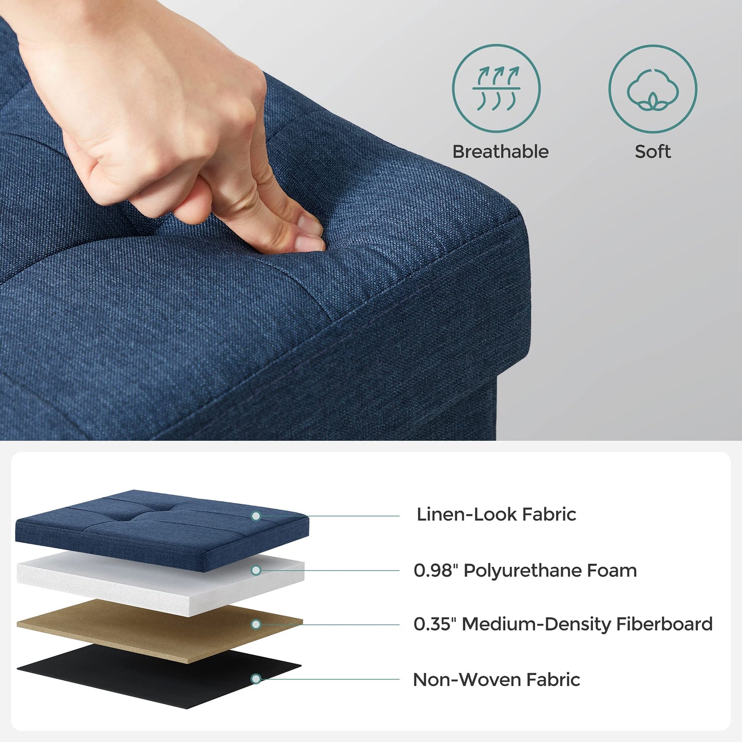 SONGMICS MAZIE Collection - 43 Inches Folding Storage Ottoman Bench, Ottoman Foot Rest, End of Bed Bench, Storage Chest, Load 660 lb, for Living Room, Bedroom, Entryway, Midnight Blue ULSF77IN
