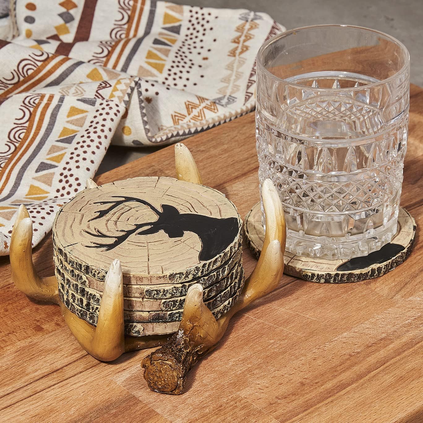 Bear Coasters Set of 6 Full Size Rustic Coasters in Handmade Canoe with Adorable Black Bear Figurines | Black Bear Log Cabin Decorations