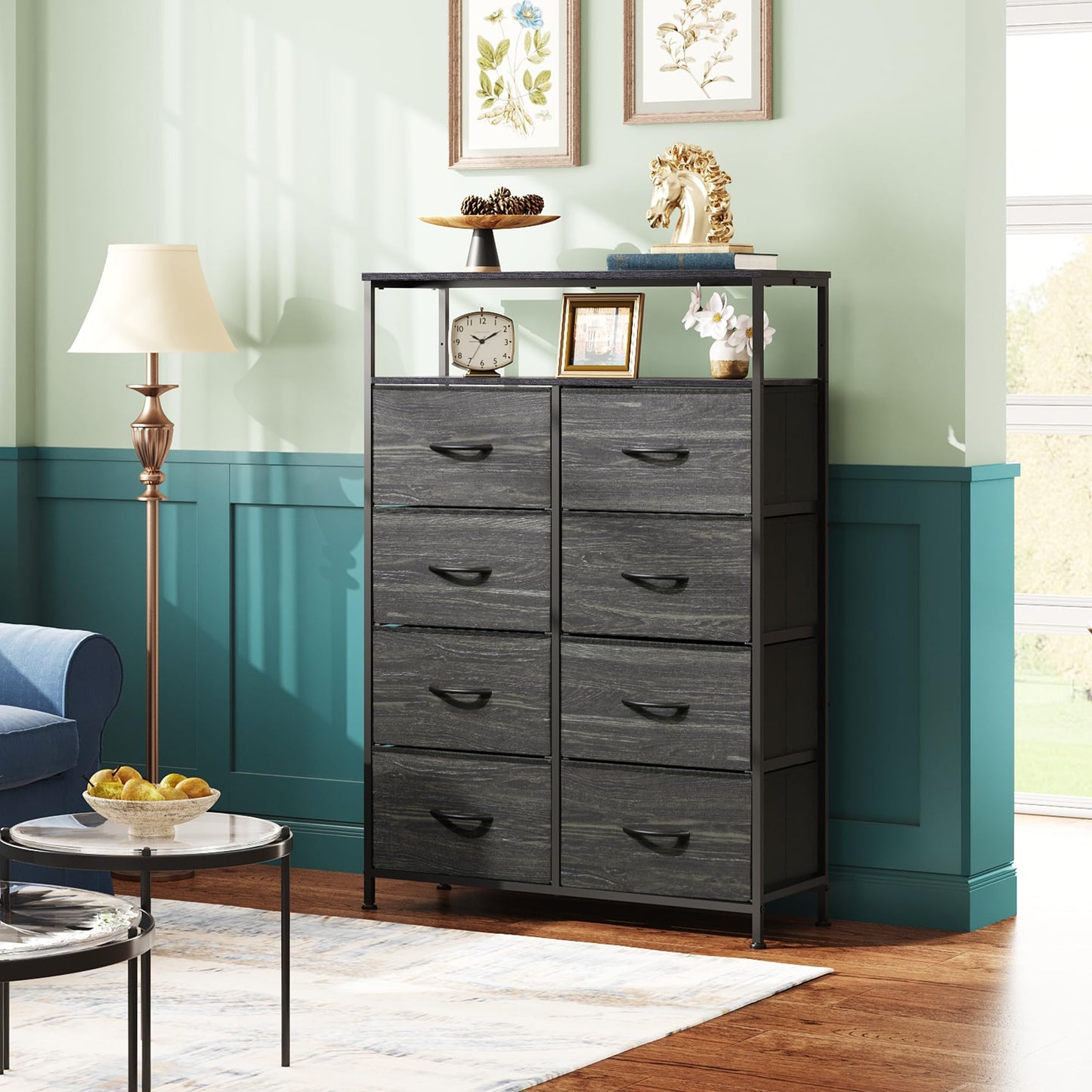 Fabric Dresser for Bedroom, Tall Dresser with 8 Drawers, Storage Tower with Fabric Bins, Double Dressers, Chest of Drawers for Closet, Living Room, Hallway, Dorm, Rustic Brown Wood Grain Print