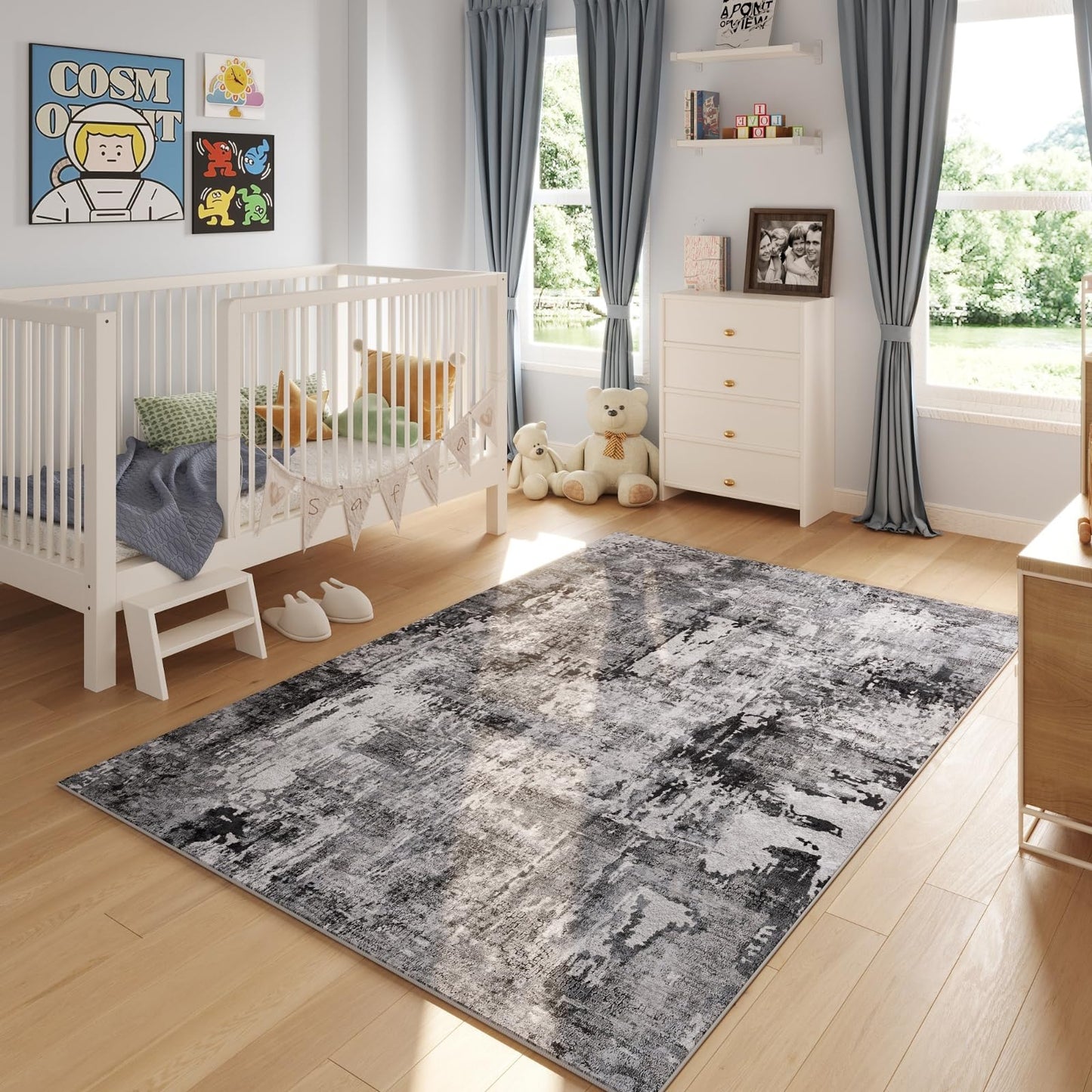 Washable Rug Boho Soft Abstract Pattern Non-Slip Area Rug 5x7 Non-Shedding Faux Wool Vintage