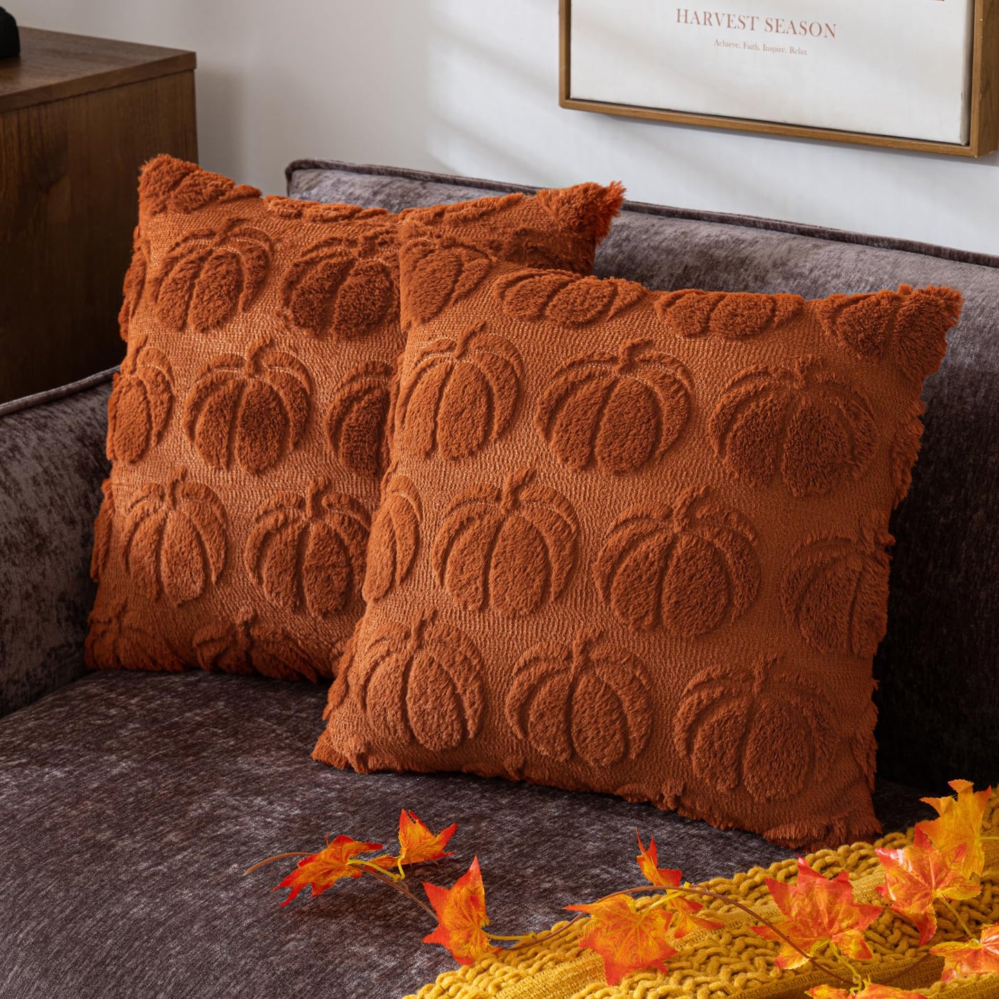 Pumpkin Fall Decorative Throw Pillow Covers 18"x18", Set of 2 Rust Red Soft Faux Fur