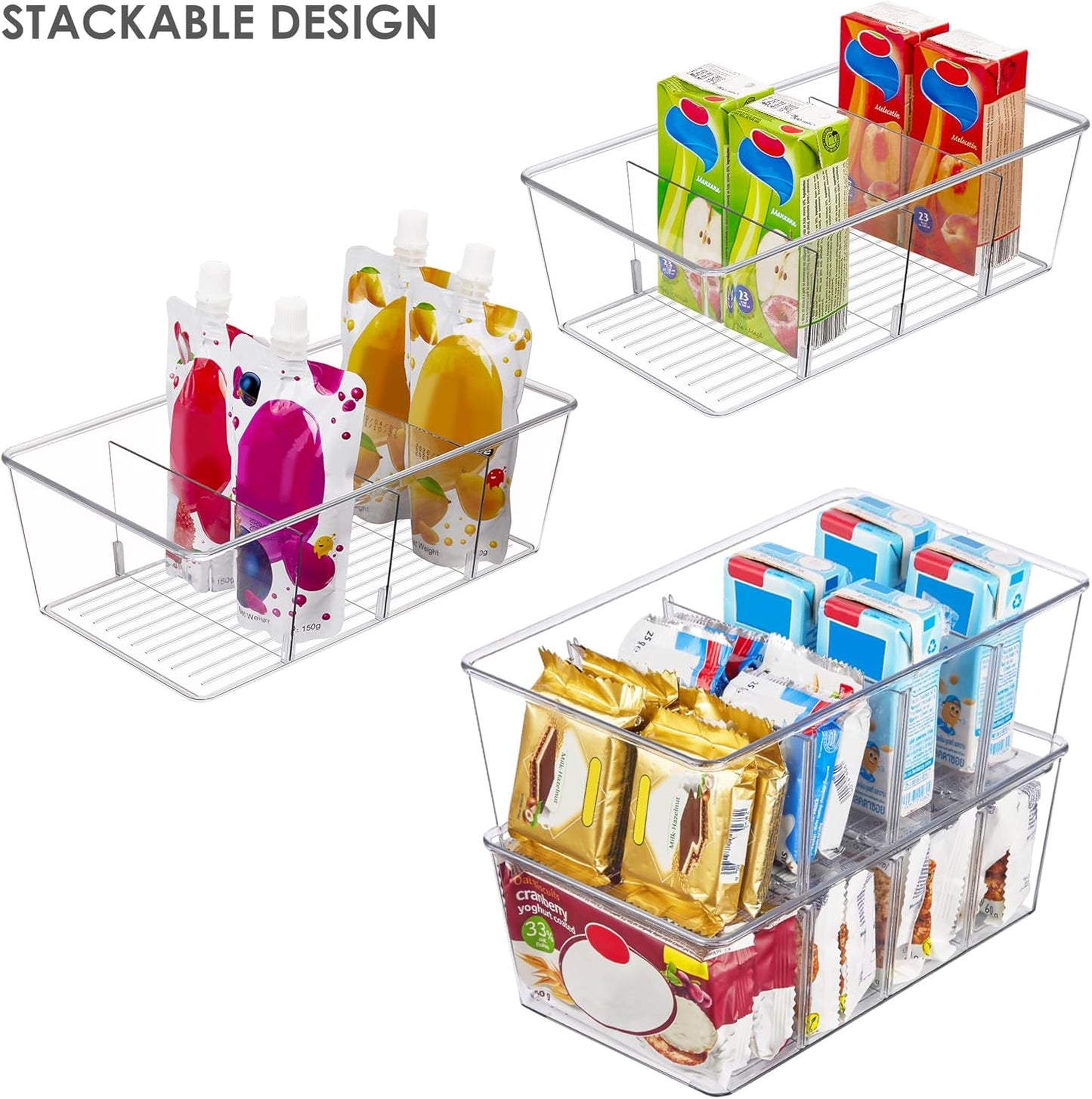 Vtopmart 8 Pack Food Storage Organizer Bins, Clear Plastic Bins for Pantry, Kitchen, Fridge, Cabinet Organization and Storage, 4 Compartment Holder