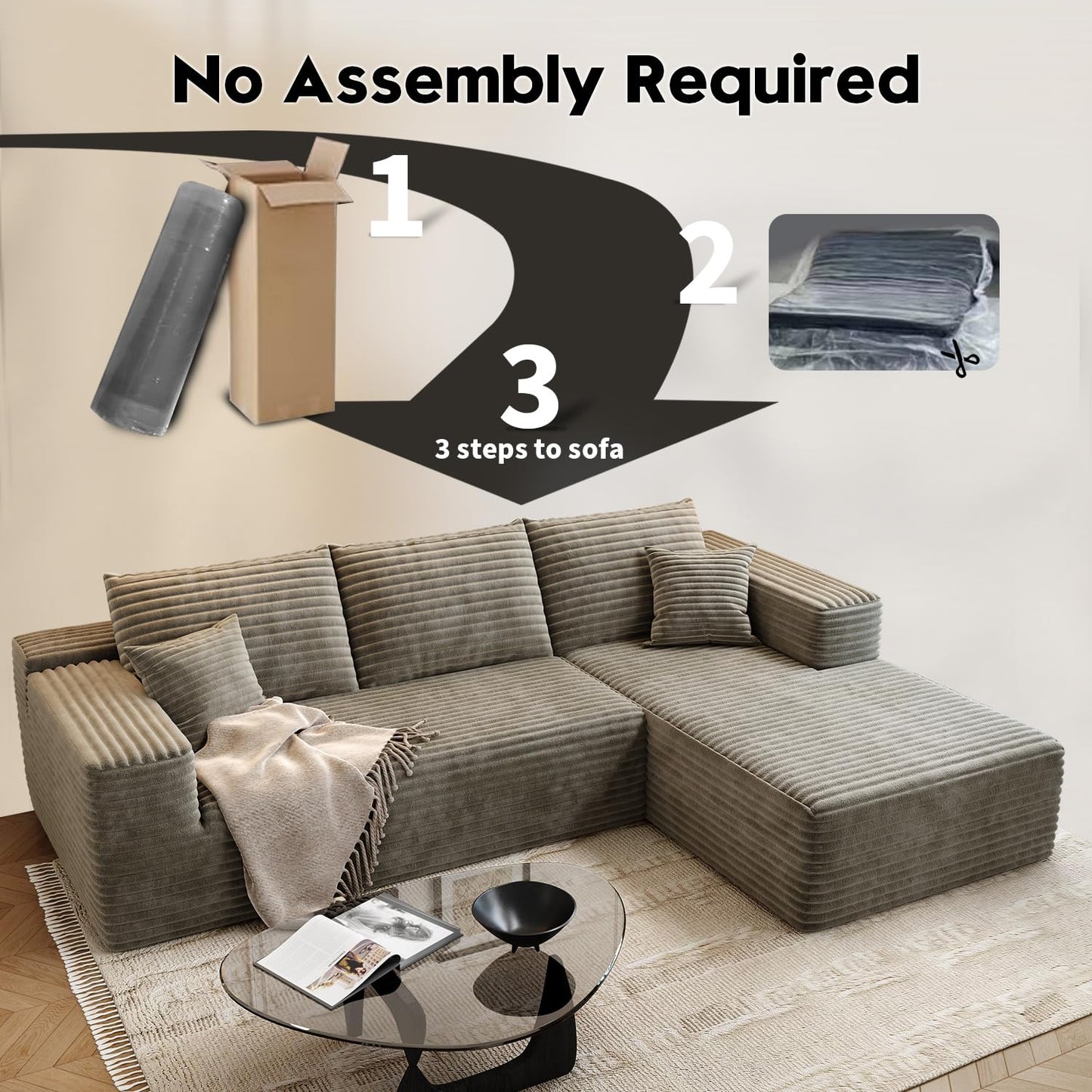 107.5" Cloud Modular Sectional Sofa with 1 Ottoman,Modern Minimalist Upholstered Couches, Comfort U Shaped Sofa for Living Room,Deep Seat Corner Couch,No Assembly Required (Black,Left Facing Chaise)