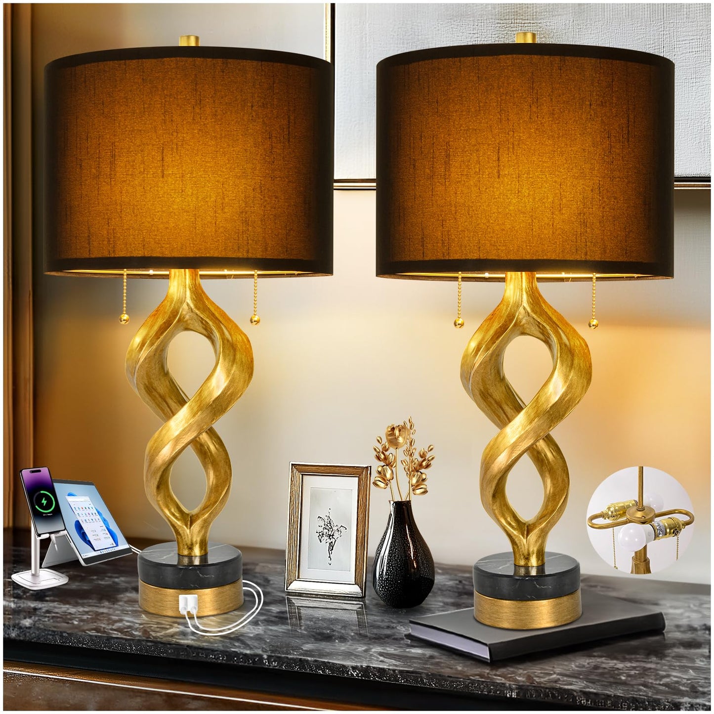 Scenekoy Sculptural Table Lamp Set of 2 for Bedroom, 26” Farmhouse Bedside Lamps for Living Room, Rustic Linen Shade Night Stand Lamp Marble Base with USB Ports for Home Decor (E26 Bulbs Included)