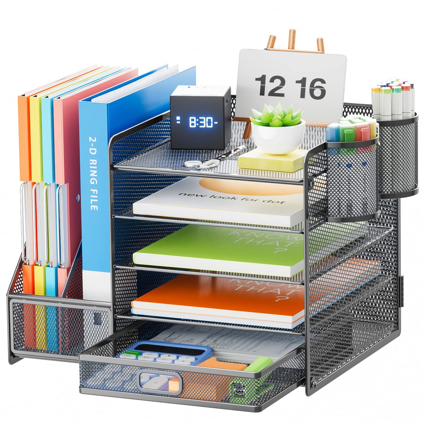 Marbrasse Desk Organizer with File Holder, 5-Tier Paper Letter Tray Organizer with Drawer and 2 Pen Holder, Mesh Desktop Organizer and Storage with Magazine Holder for Office Supplies(Black)