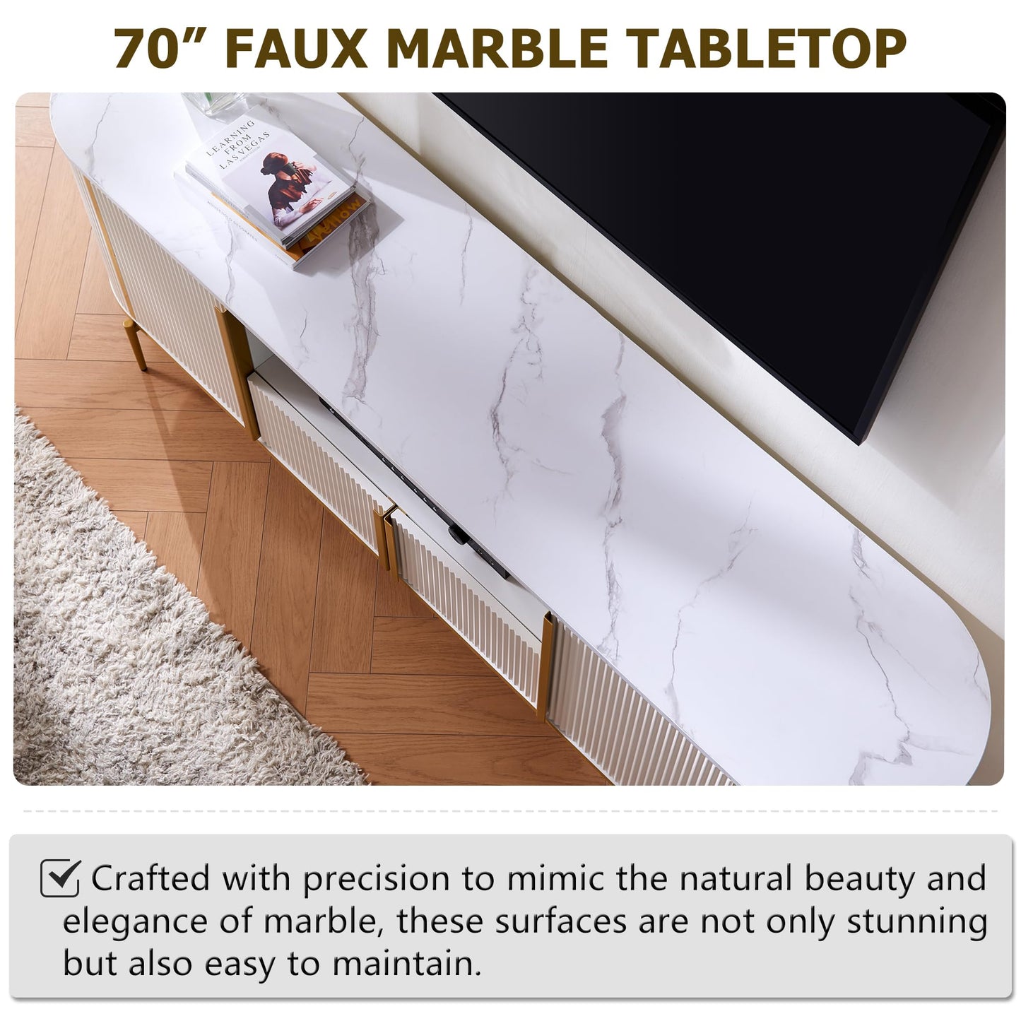 OKD Luxury 70" Fluted TV Stand, Modern Chic Entertainment Center for TVs Up to 80 inches, TV Console with Faux Marble Top, Curved Profile Design, Media Console for Living Room, Navy Blue