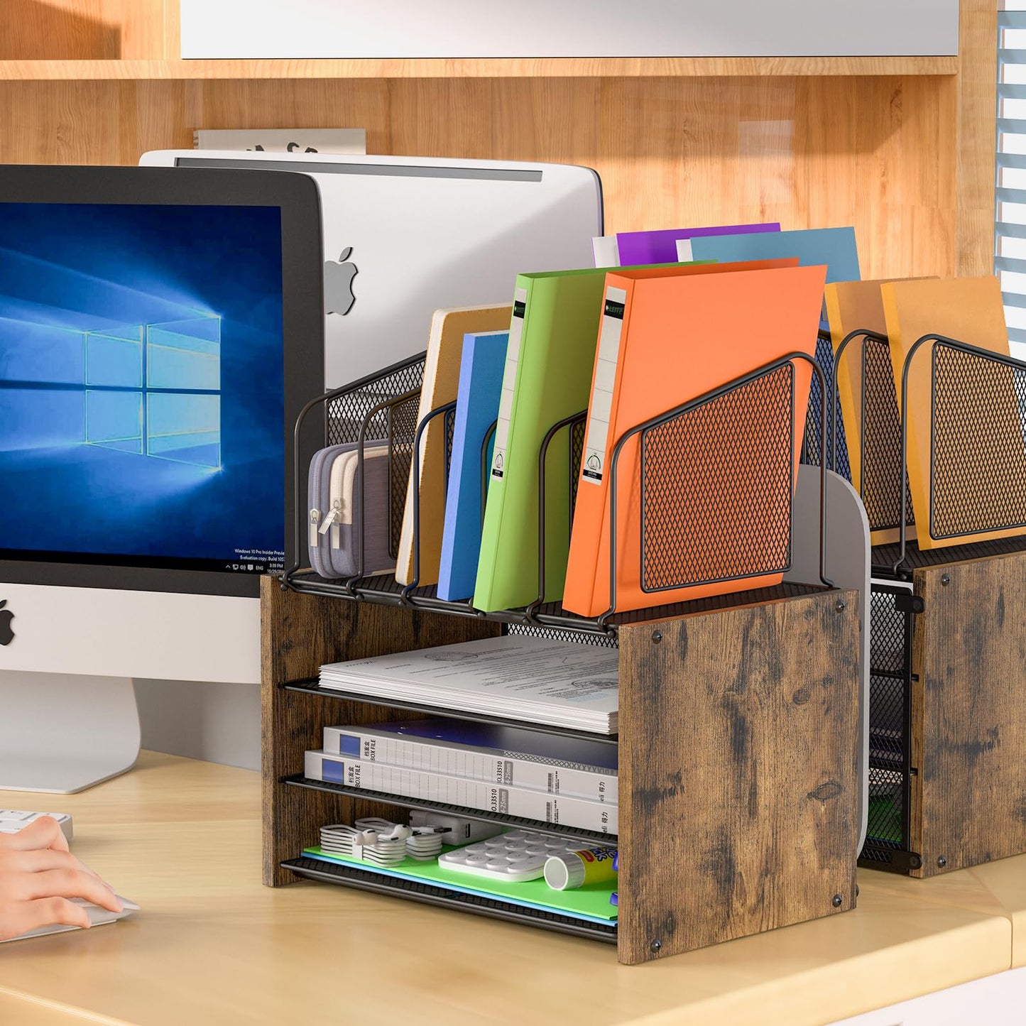 4-Tier Mesh Desk Organizer, Wooden Desk File Organizer with 5 Vertical File Holders and 2 Pen Holders, Desktop Organizers and Accessories with Drawer for Home Office