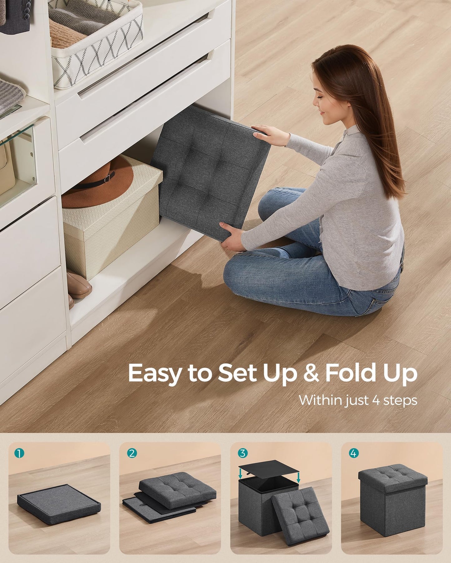 SONGMICS MAZIE Collection - 43 Inches Folding Storage Ottoman Bench, Ottoman Foot Rest, End of Bed Bench, Storage Chest, Load 660 lb, for Living Room, Bedroom, Entryway, Midnight Blue ULSF77IN
