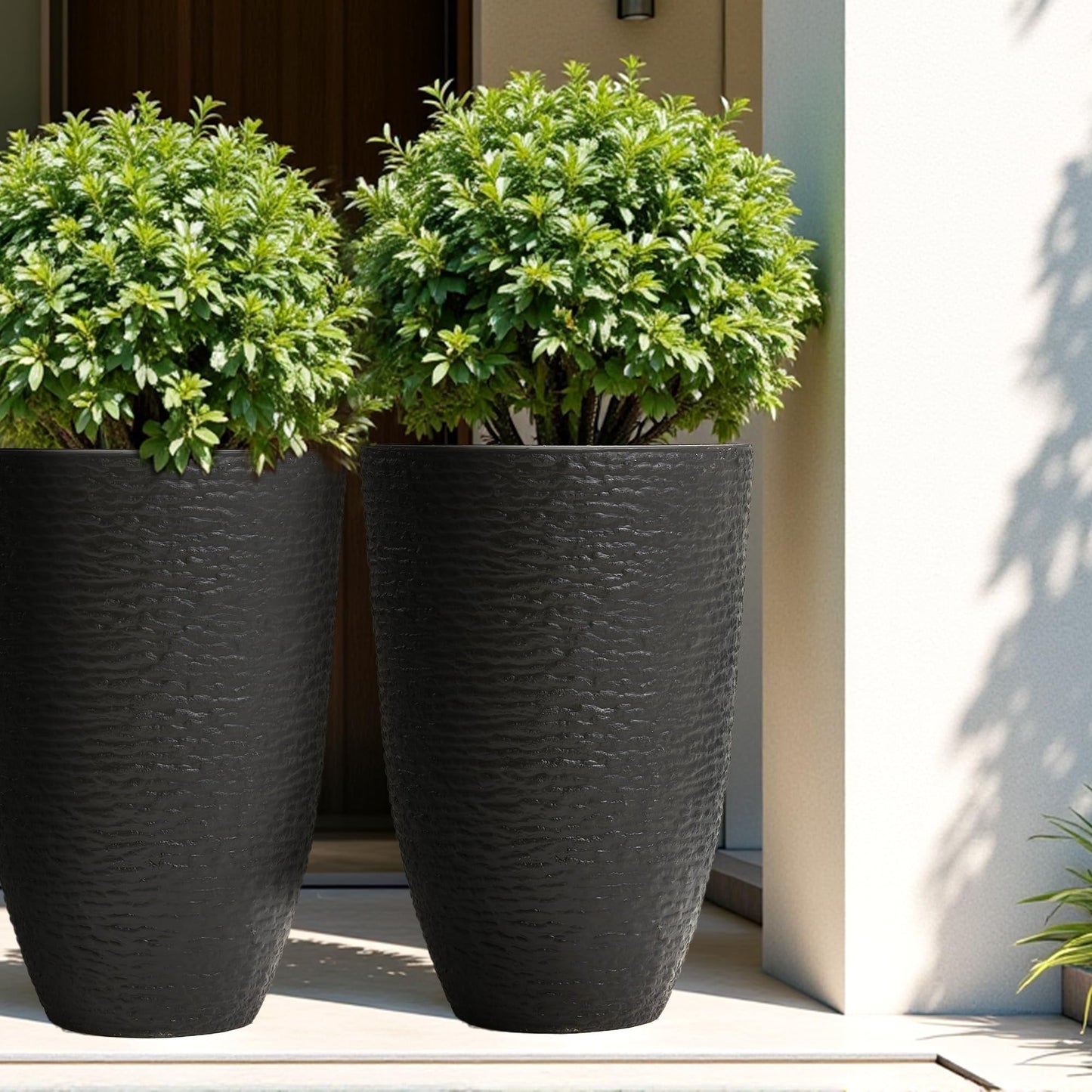 Tall Round Planters Set of 2-14" Dia x 21" H Stone Finish Flower Pots Indoor Decorative Container Garden Patio Unbreakable Beige