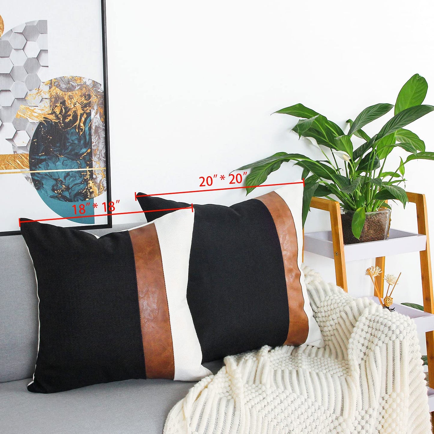cygnus Set of 2 Faux Leather and Linen Throw Pillow Covers 18x18 Inch Black and White Modern Decorative Accent Cover