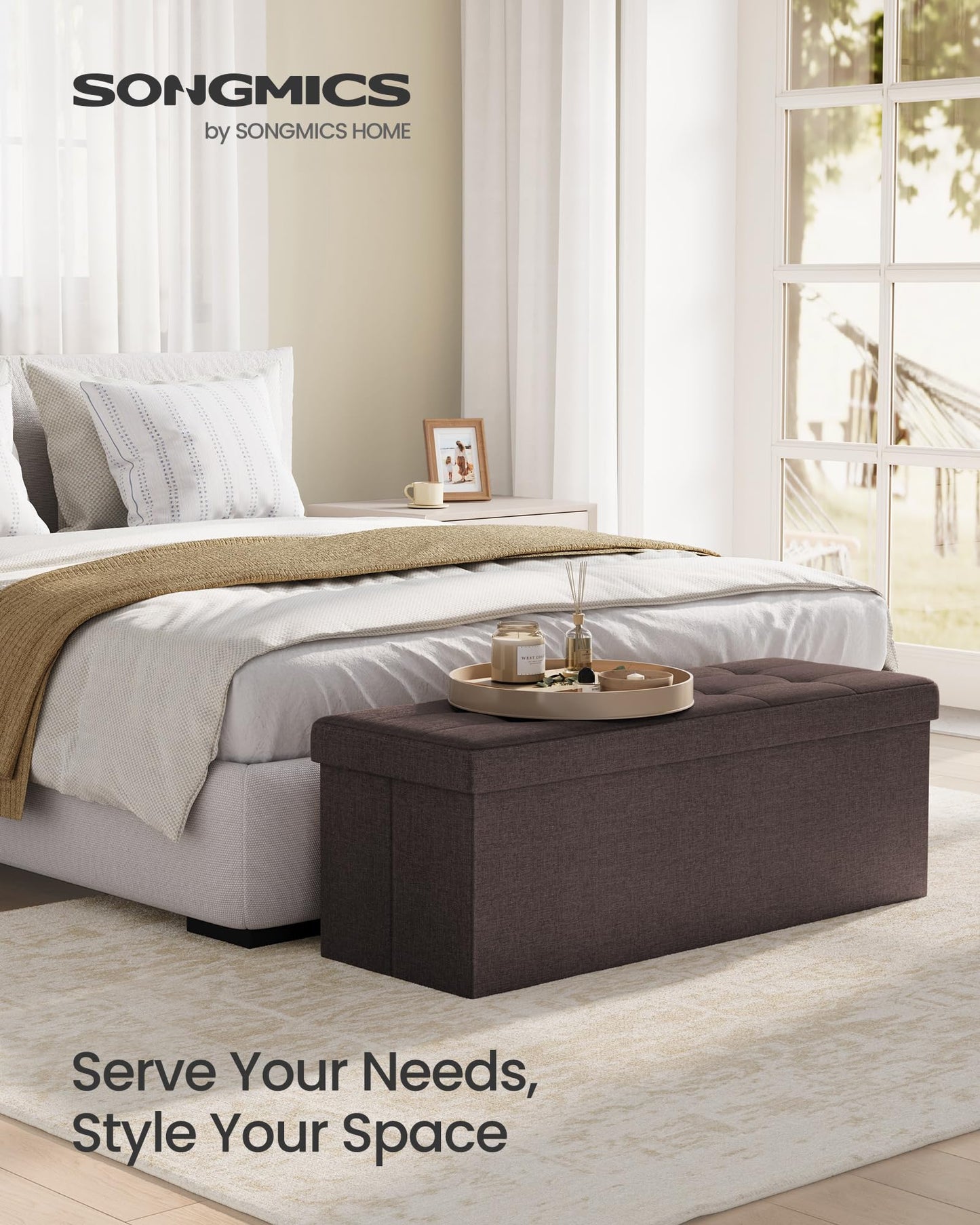SONGMICS MAZIE Collection - 43 Inches Folding Storage Ottoman Bench, Ottoman Foot Rest, End of Bed Bench, Storage Chest, Load 660 lb, for Living Room, Bedroom, Entryway, Midnight Blue ULSF77IN