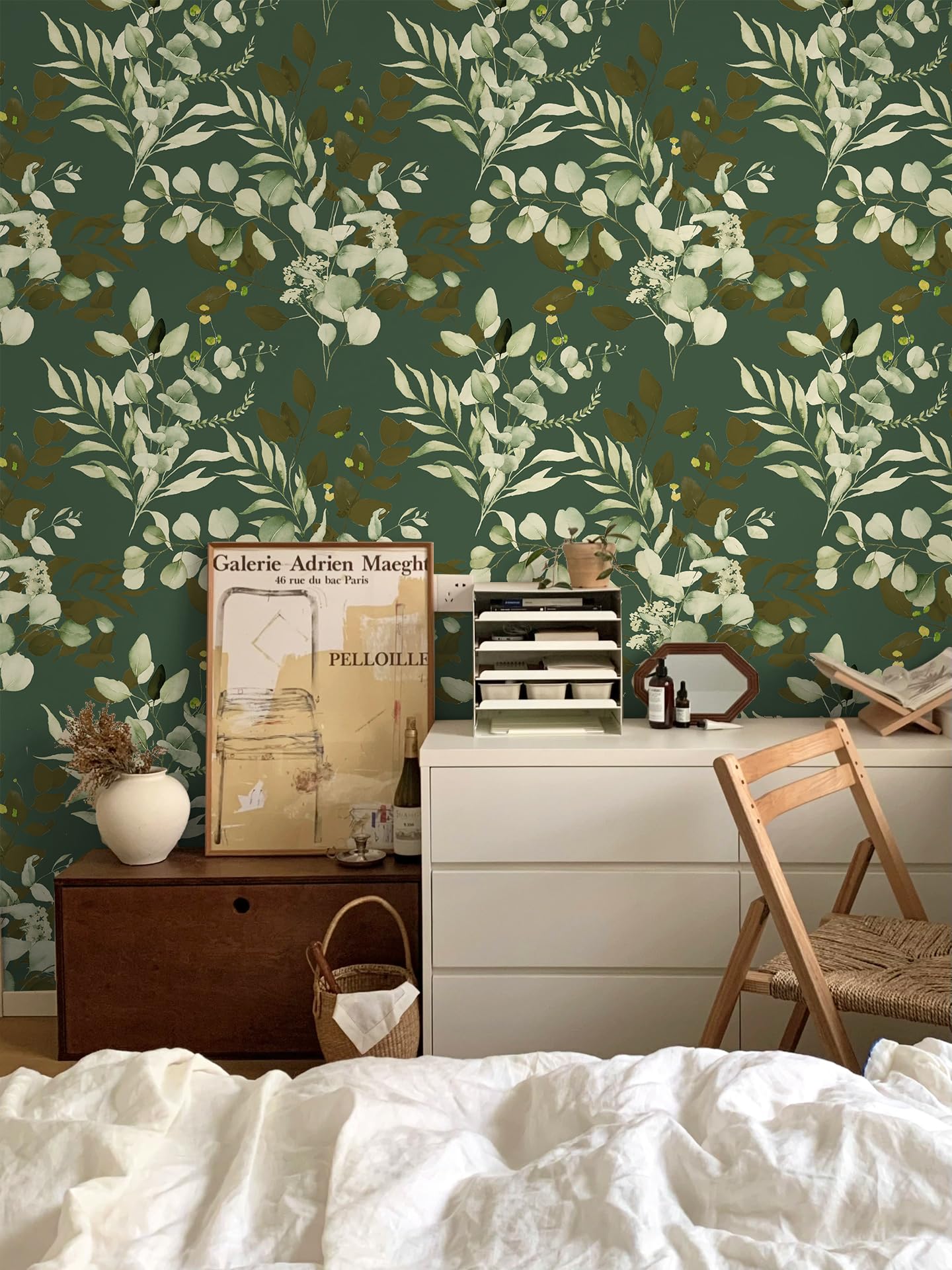 HAOKHOME Peel and Stick Wallpaper Boho Green/White Eucalyptus Leaf Floral Wall Mural Home Nursery Decor Renter Friendly Wallpaper 17.3in x 9.8ft