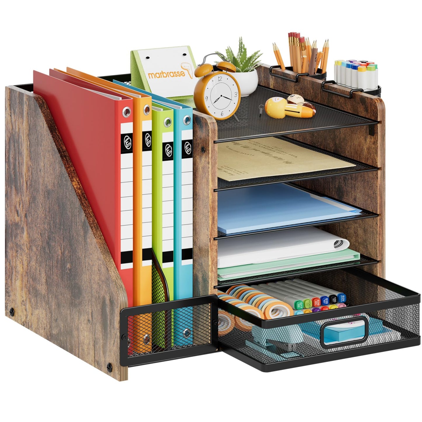 Marbrasse Desk Organizer with File Holder, 5-Tier Paper Letter Tray Organizer with Drawer and 2 Pen Holder, Mesh Desktop Organizer and Storage with Magazine Holder for Office Supplies(Black)
