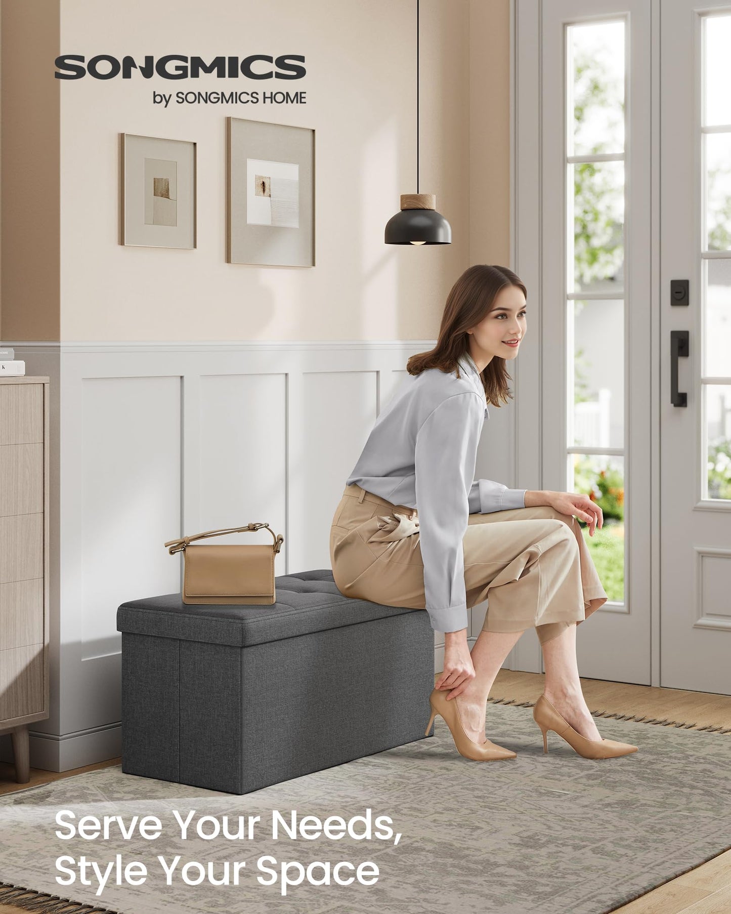 SONGMICS MAZIE Collection - 43 Inches Folding Storage Ottoman Bench, Ottoman Foot Rest, End of Bed Bench, Storage Chest, Load 660 lb, for Living Room, Bedroom, Entryway, Midnight Blue ULSF77IN