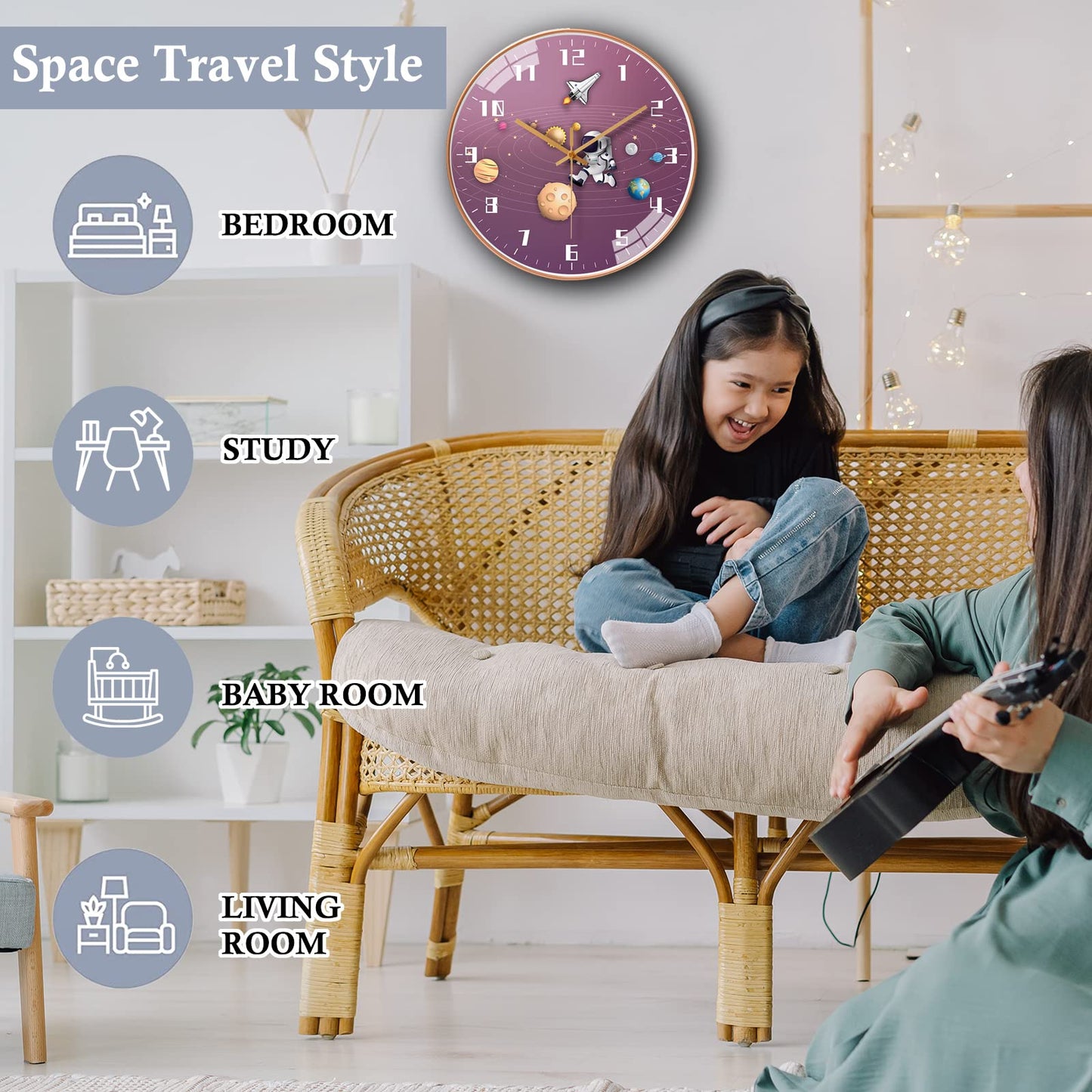 12 Inch Silent Movement Kids Wall Clock, Non Ticking Children Round Wall Clock Battery Operated Space Travel Style Decor Children Clock for School Boys Bedroom Living Room Space Decor (Blue)