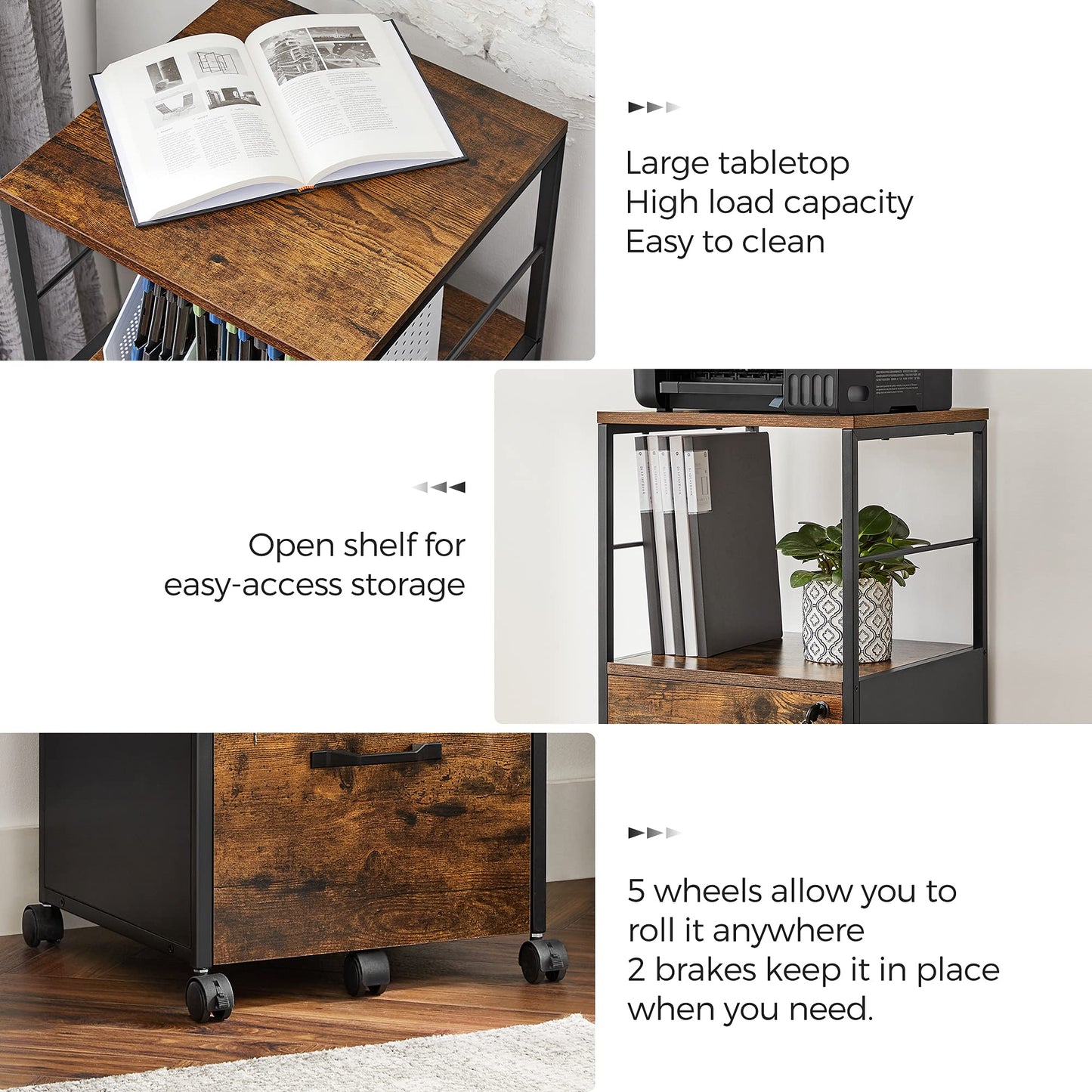 VASAGLE 3-Drawer Vertical File Cabinet, Rustic Brown and Black, for Home Office and Bedroom, A4 and Letter-Size Files, Lockable Drawers