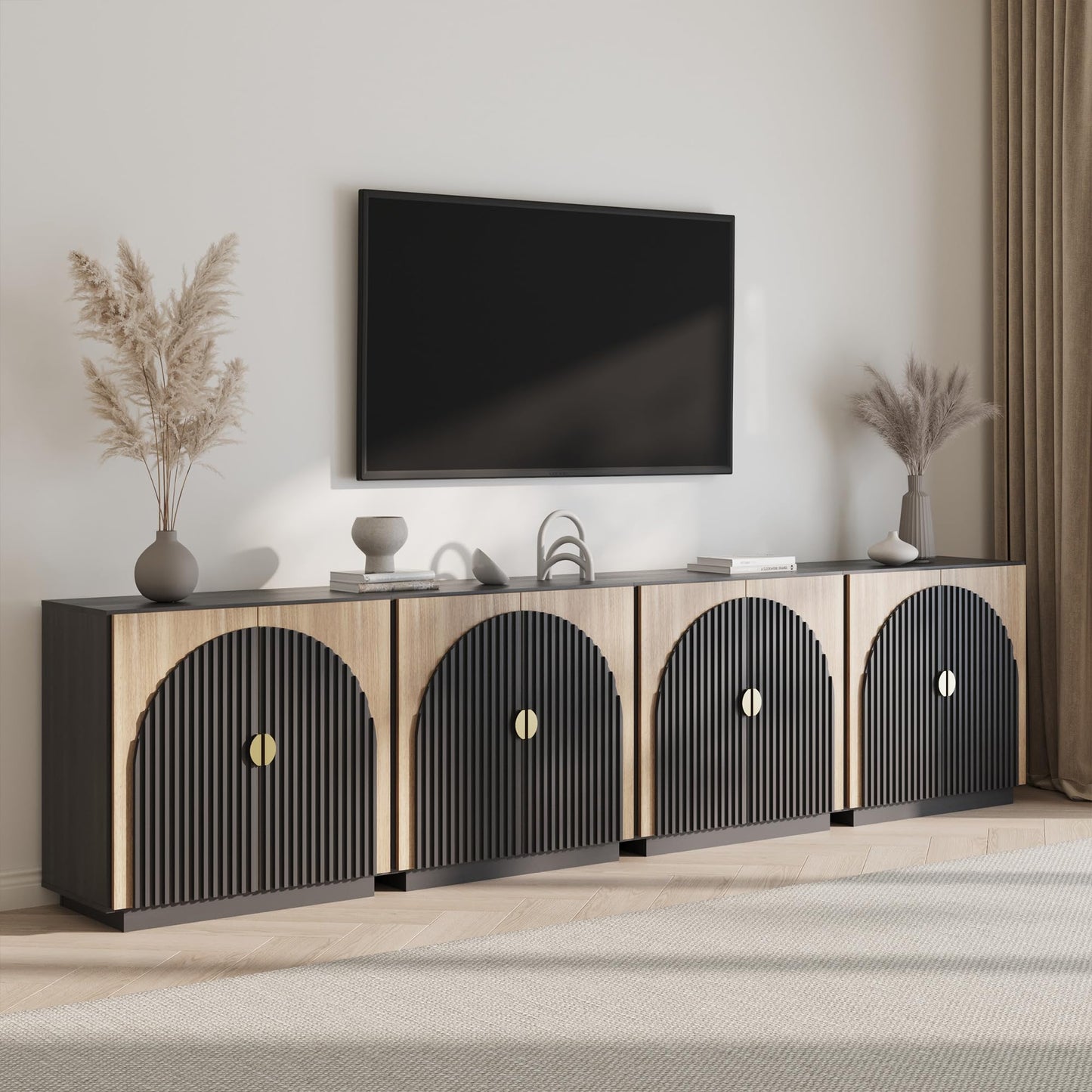 BELLEZE 3-Piece Arched TV Stand Entertainment Center with Storage, Mid Century Modern 2-Piece 72″ Tall Storage Cabinets and 65″ Fluted TV Console for Living Room (Camel)