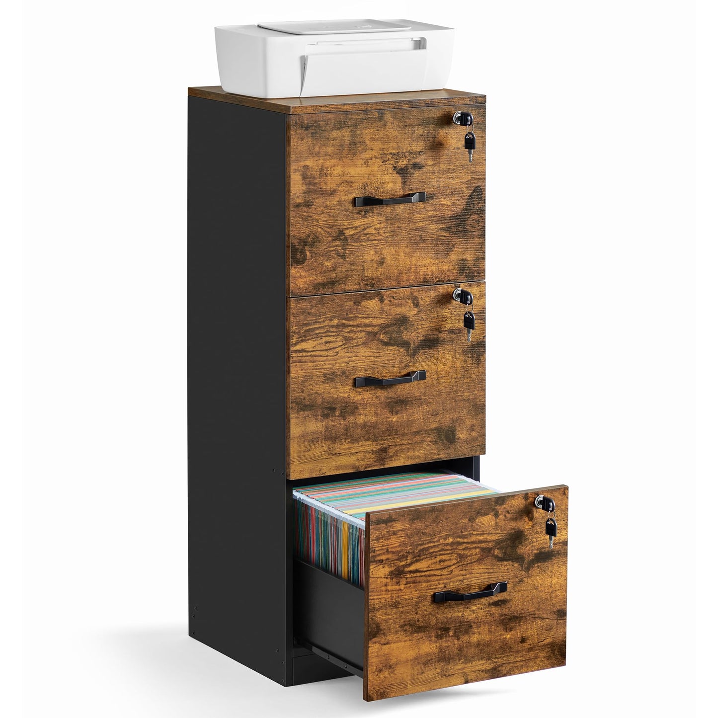 VASAGLE 3-Drawer Vertical File Cabinet, Rustic Brown and Black, for Home Office and Bedroom, A4 and Letter-Size Files, Lockable Drawers