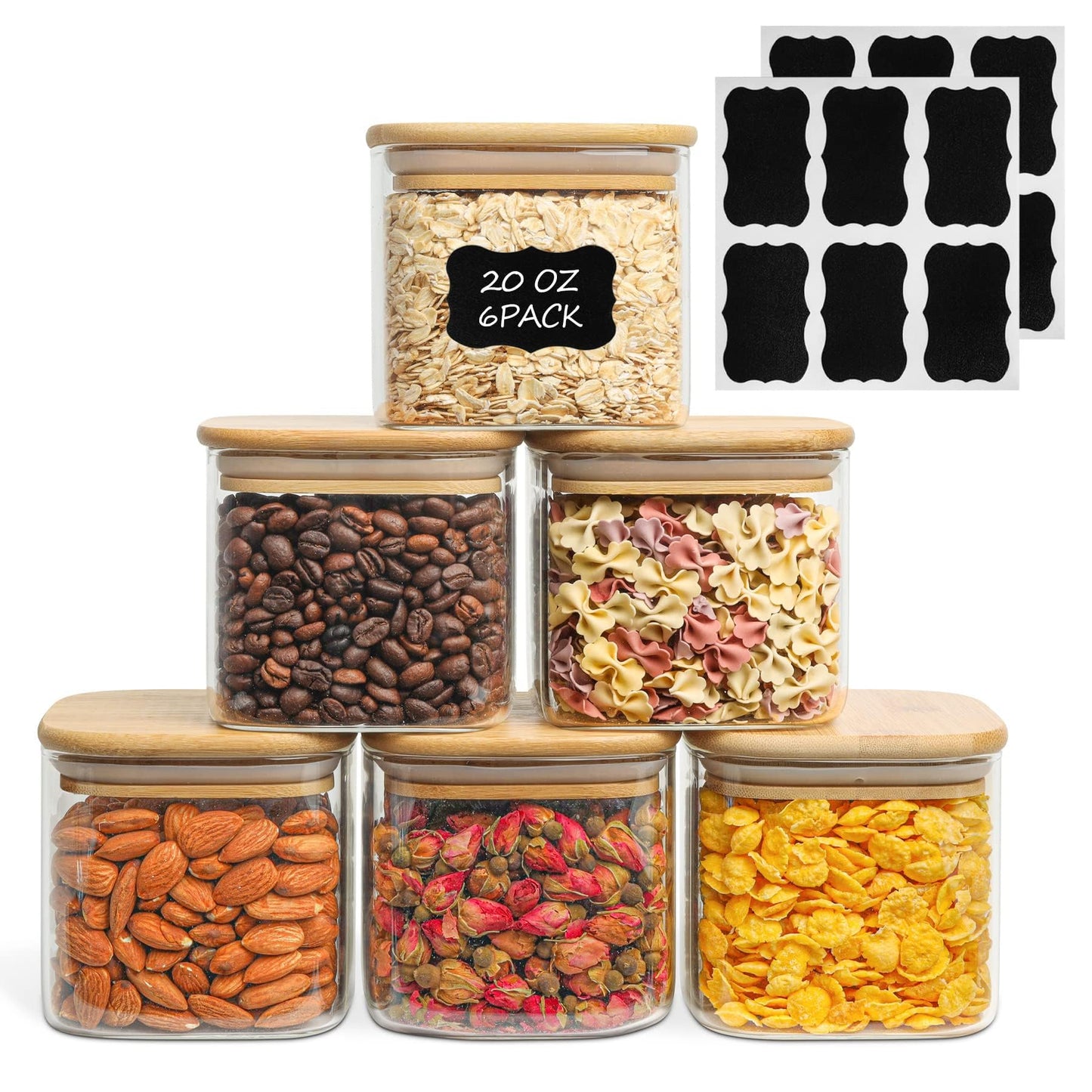 ComSaf Airtight Glass Storage Canister with Lids (24oz/37oz/51oz) Set of 6, Clear Food Storage Container Kitchen Pantry Storage Jar, Glass Jars for Flour Cereal Sugar Tea Coffee Beans Snacks, Square