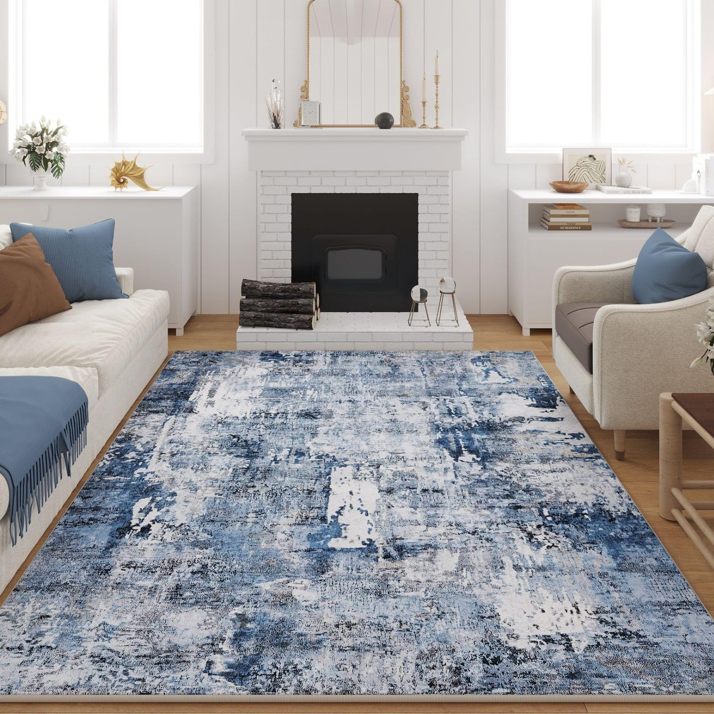 Washable Rug Boho Soft Abstract Pattern Non-Slip Area Rug 5x7 Non-Shedding Faux Wool Vintage