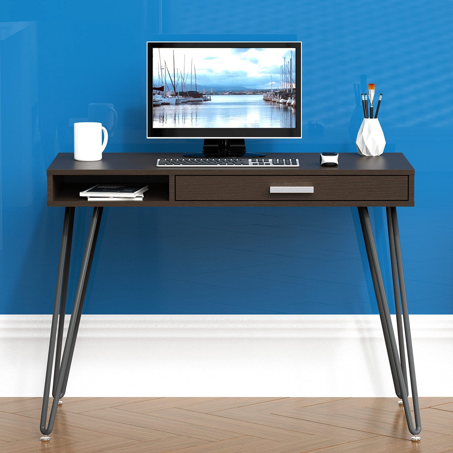 SHW Home Office Computer Hairpin Leg Desk with Drawer, Rustic Brown
