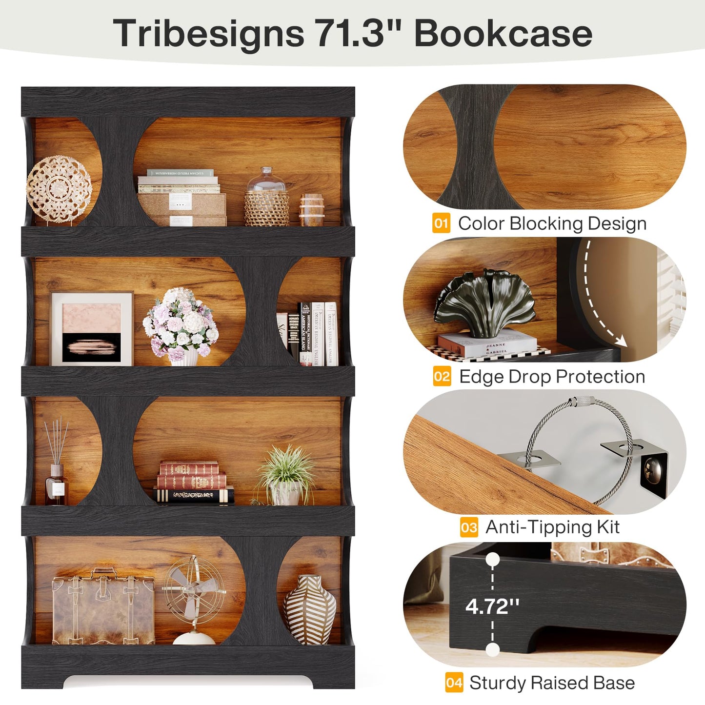 71"Tall Bookcase, 4-Tier S-Shaped Bookshelf, Wood Decorative Storage Shelving, Modern Freestanding Display Shelves