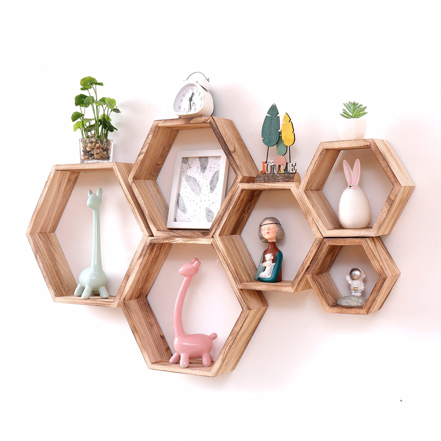 WONFUlity Hexagon Floating Shelves Honeycomb Shelves Wall Mounted Wood Farmhouse Storage Wall Shelf for Bathroom, Kitchen, Bedroom, Living Room,Driftwood Finish Decor, Black