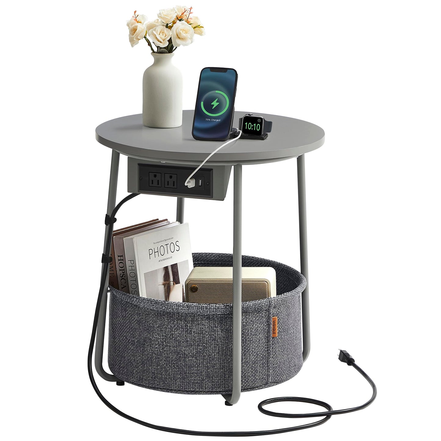 VASAGLE Side Table with Charging Station, Round End Table With Fabric Basket, Nightstand with Power Outlets USB Ports, for Living Room, Bedroom, Modern, Ebony Black and Slate Gray ULET228B01