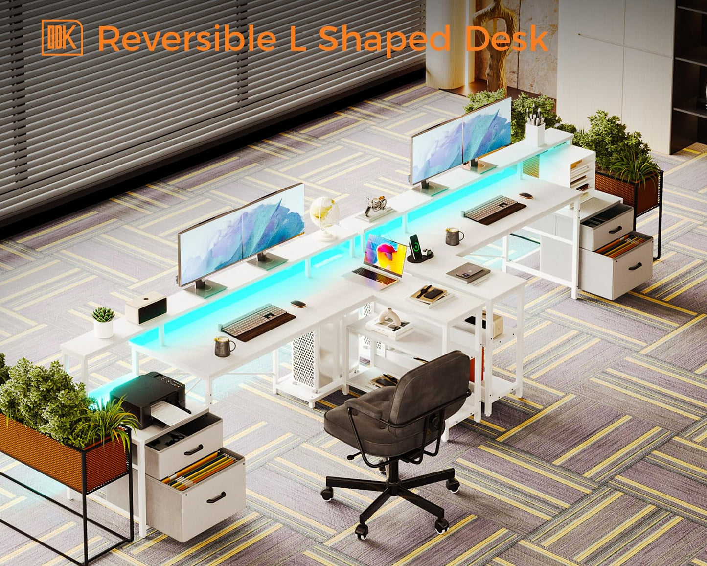 ODK L Shaped Desk with File Drawer, 75" Reversible L Shaped Computer Desk with Power Outlet & LED Strip, Office Desk with Storage Shelves, Gaming Desks with Monitor Shelf, Corner Table, Grey Oak