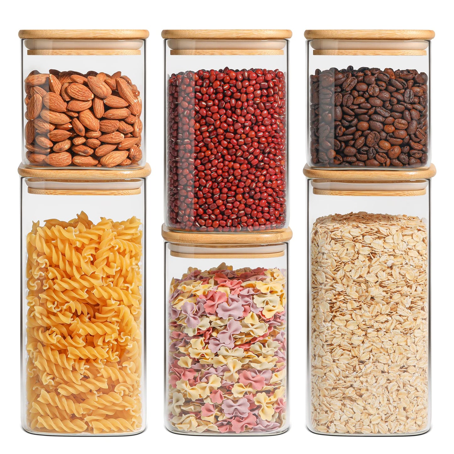ComSaf Airtight Glass Storage Canister with Lids (24oz/37oz/51oz) Set of 6, Clear Food Storage Container Kitchen Pantry Storage Jar, Glass Jars for Flour Cereal Sugar Tea Coffee Beans Snacks, Square